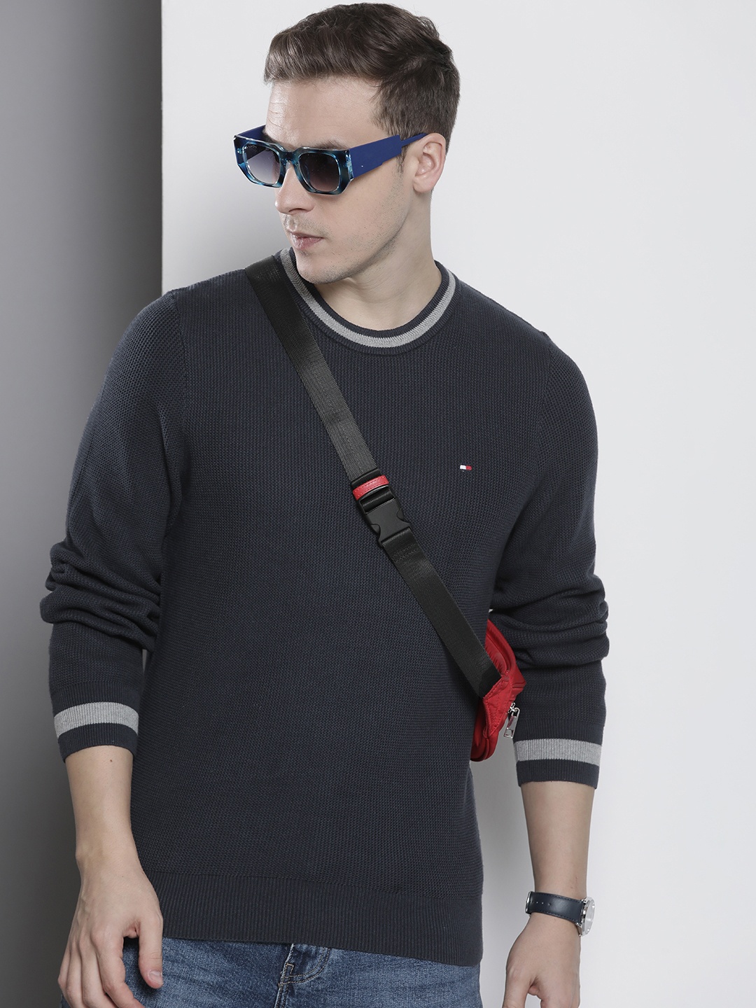 

Tommy Hilfiger Round Neck Open-Knit Pure Cotton Pullover, Navy blue