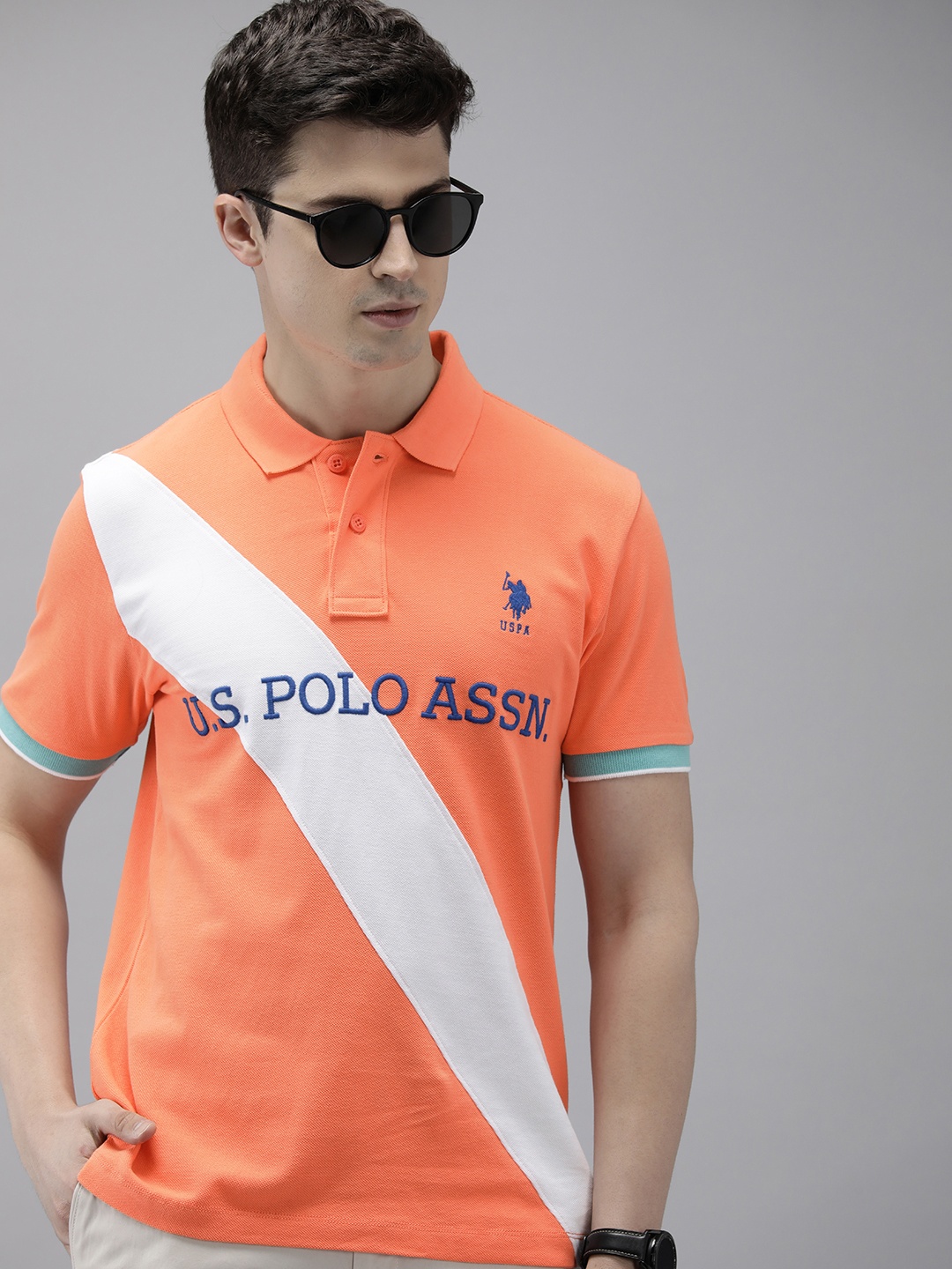 

U S Polo Assn Brand Logo Colourblocked Pure Cotton Slim Fit Polo T-shirt, Coral