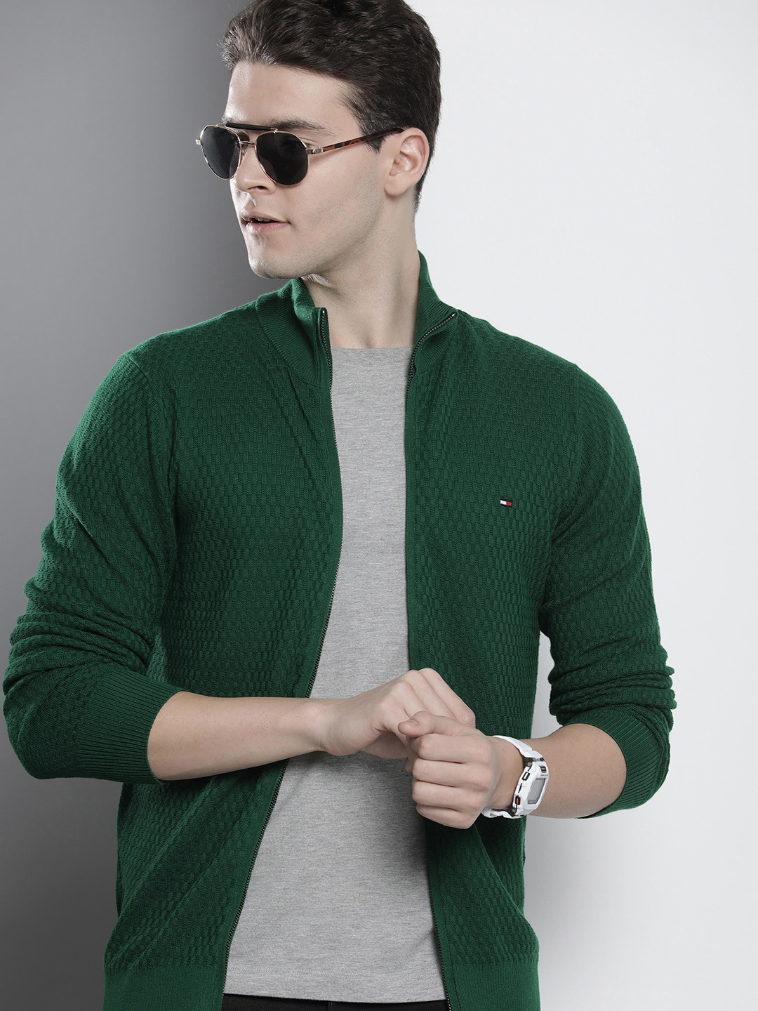 

Tommy Hilfiger Self Design Open-Knit Pure Cotton Cardigan Sweater, Green