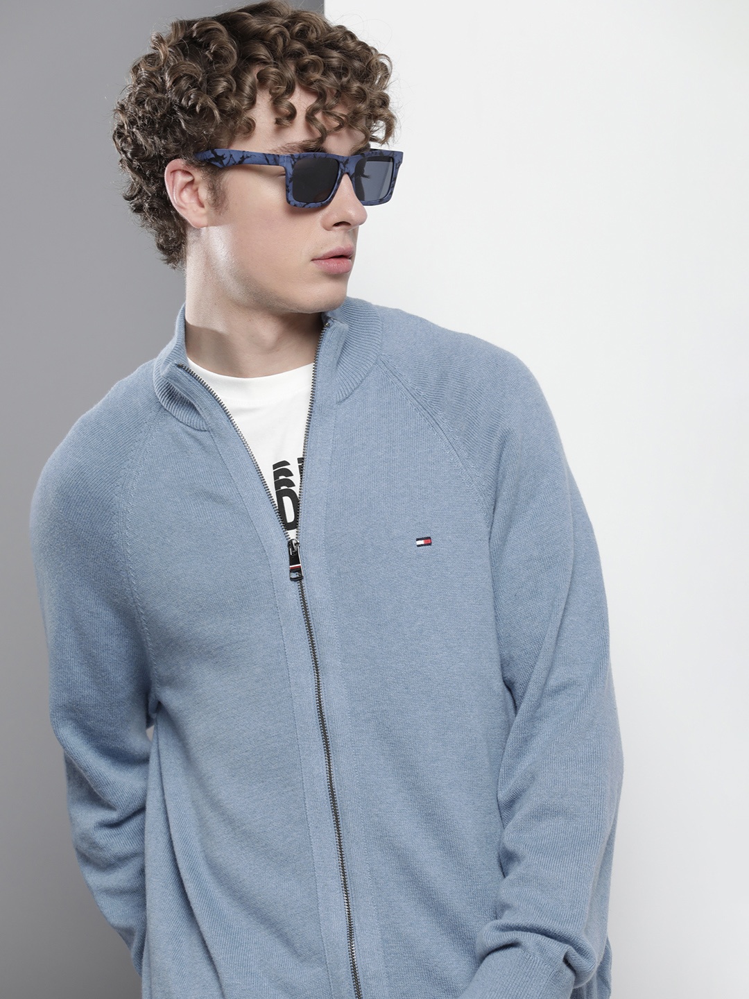 

Tommy Hilfiger Solid Mock-Collar Pure Cotton Bomber Jacket, Blue