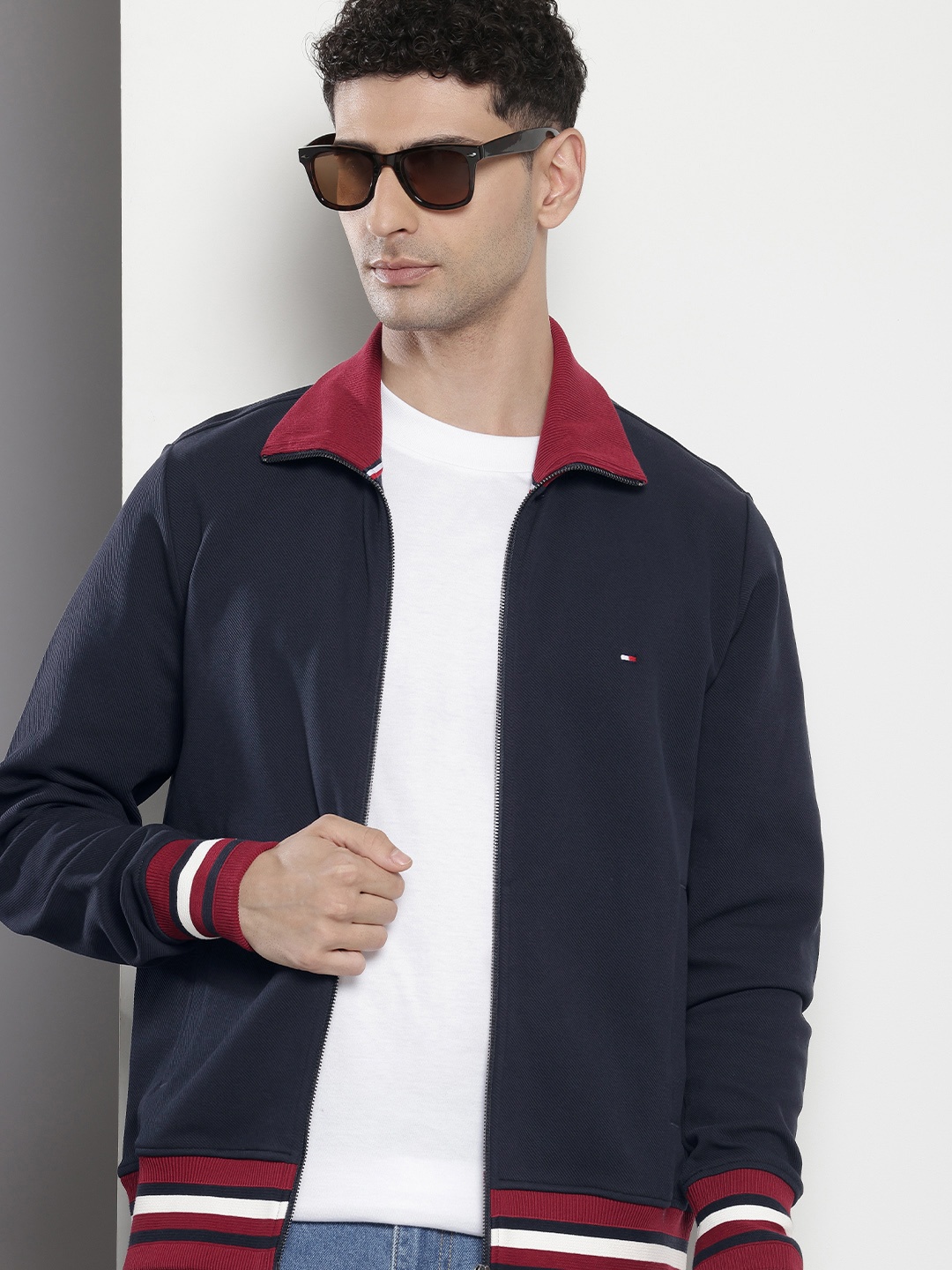 

Tommy Hilfiger Mock Collar Self Design Tailored Jacket, Navy blue