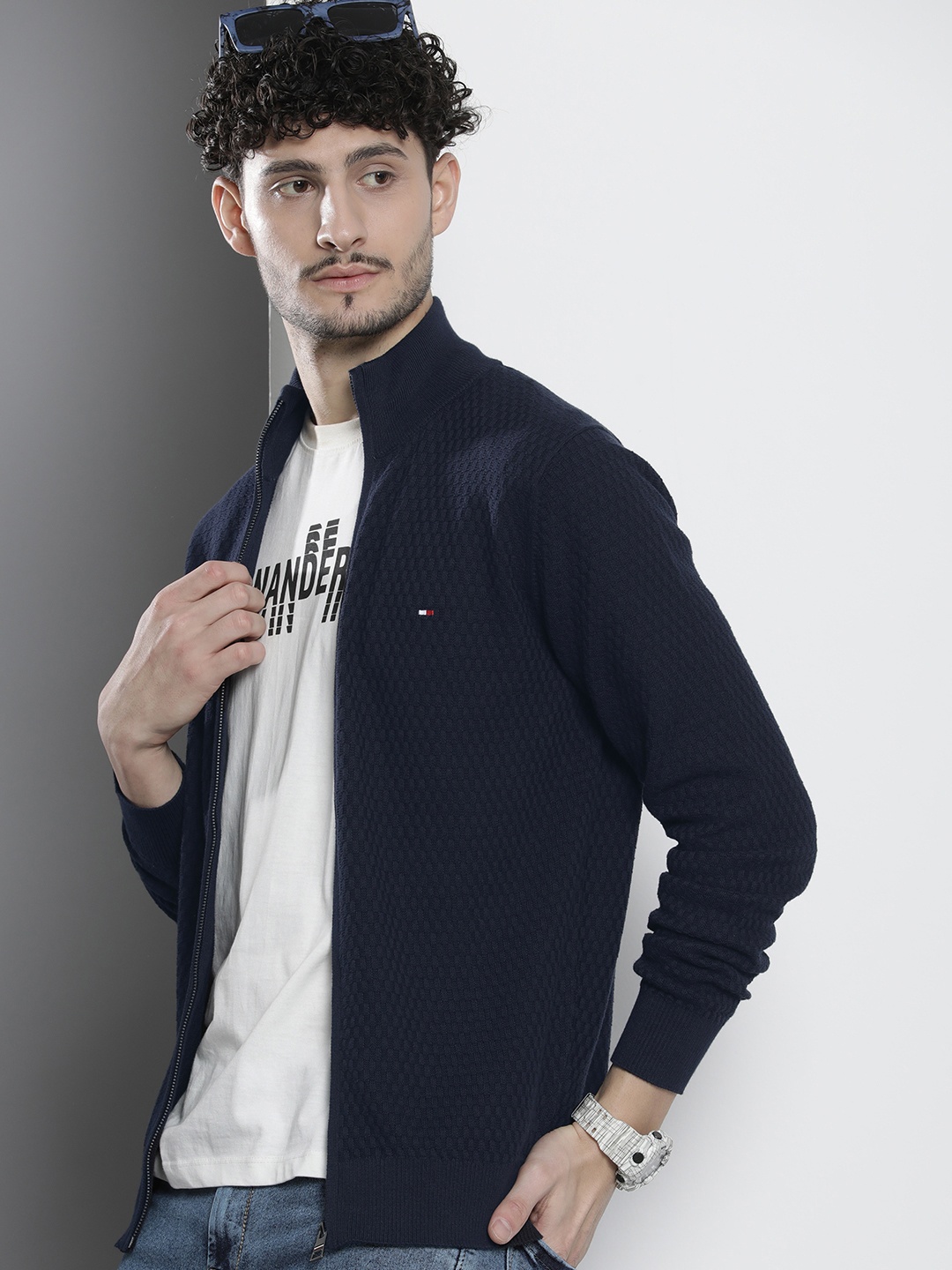

Tommy Hilfiger Self Design Open-Knit Pure Cotton Cardigan Sweater, Navy blue