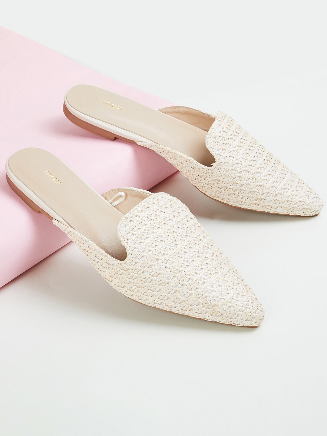 

max Women Pointed Toe Woven Design Mules, Beige