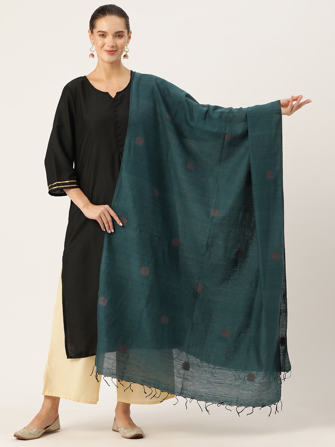

ArtEastri Floral Woven Design Silk Cotton Dupatta, Teal