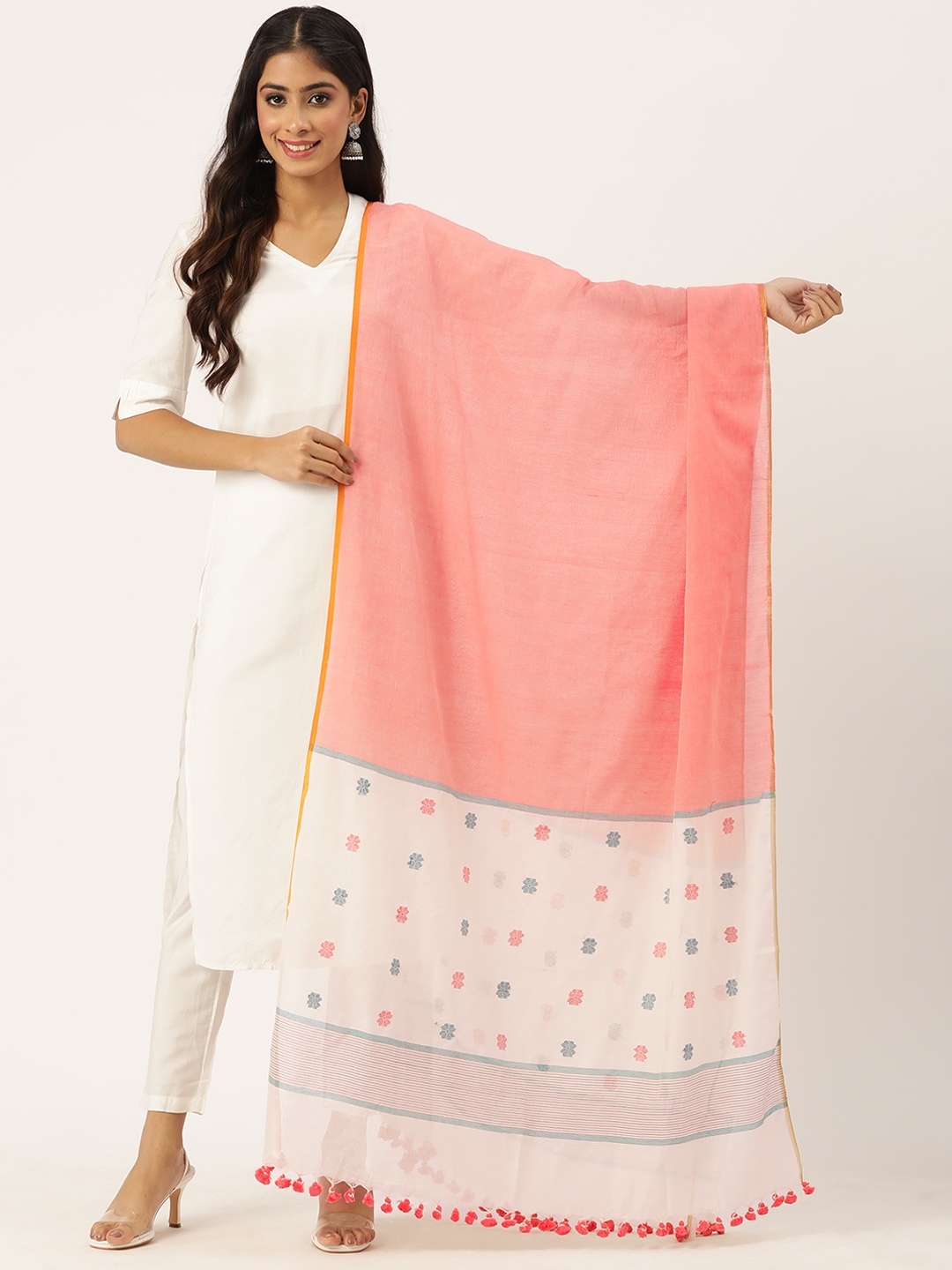 

ArtEastri Floral Woven Design Pure Cotton Dupatta, Coral