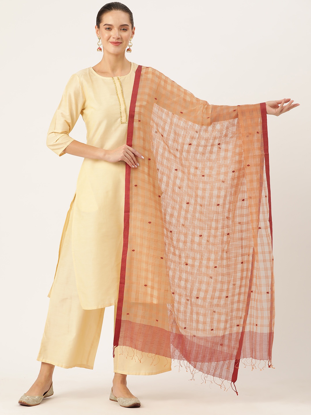 

ArtEastri Silk Cotton Checked Buti Dupatta, Beige