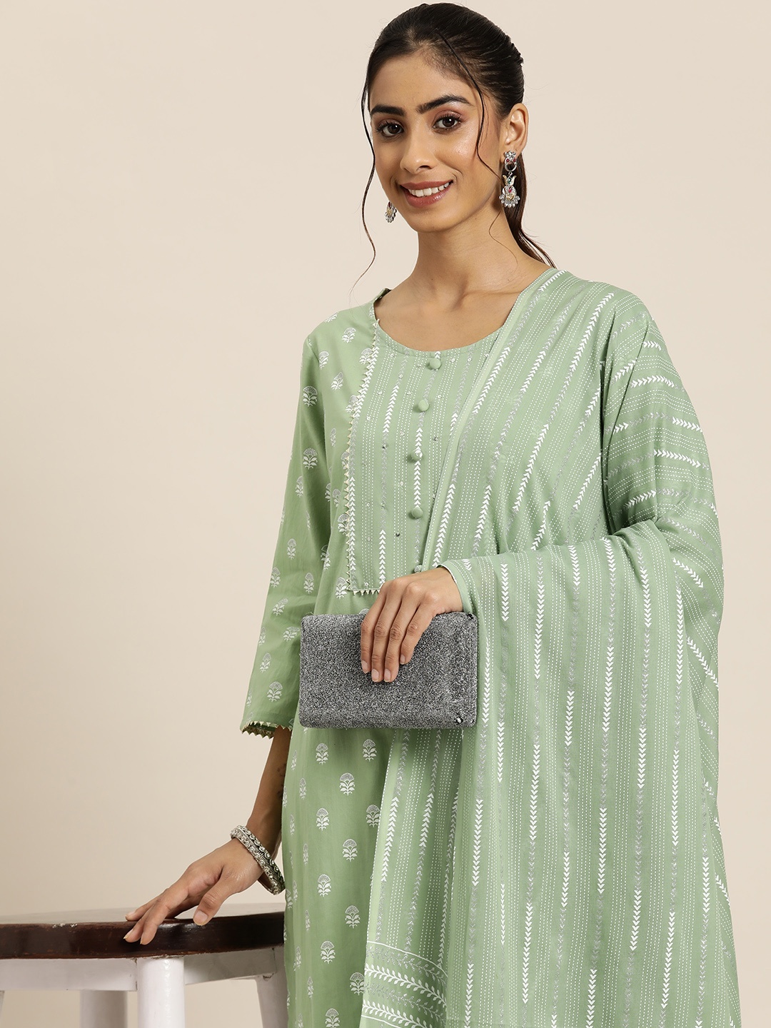 

HERE&NOW Women Printed Regular Pure Cotton Kurta with Palazzos & Dupatta, Green