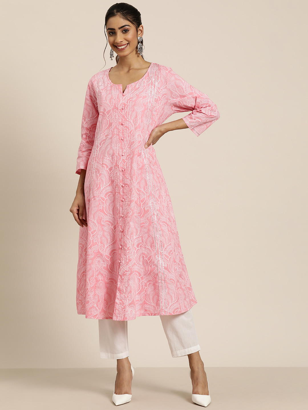 

HERE&NOW Women Ethnic Motifs Printed Regular Gotta Patti Pure Cotton Kurta with Palazzos, Pink