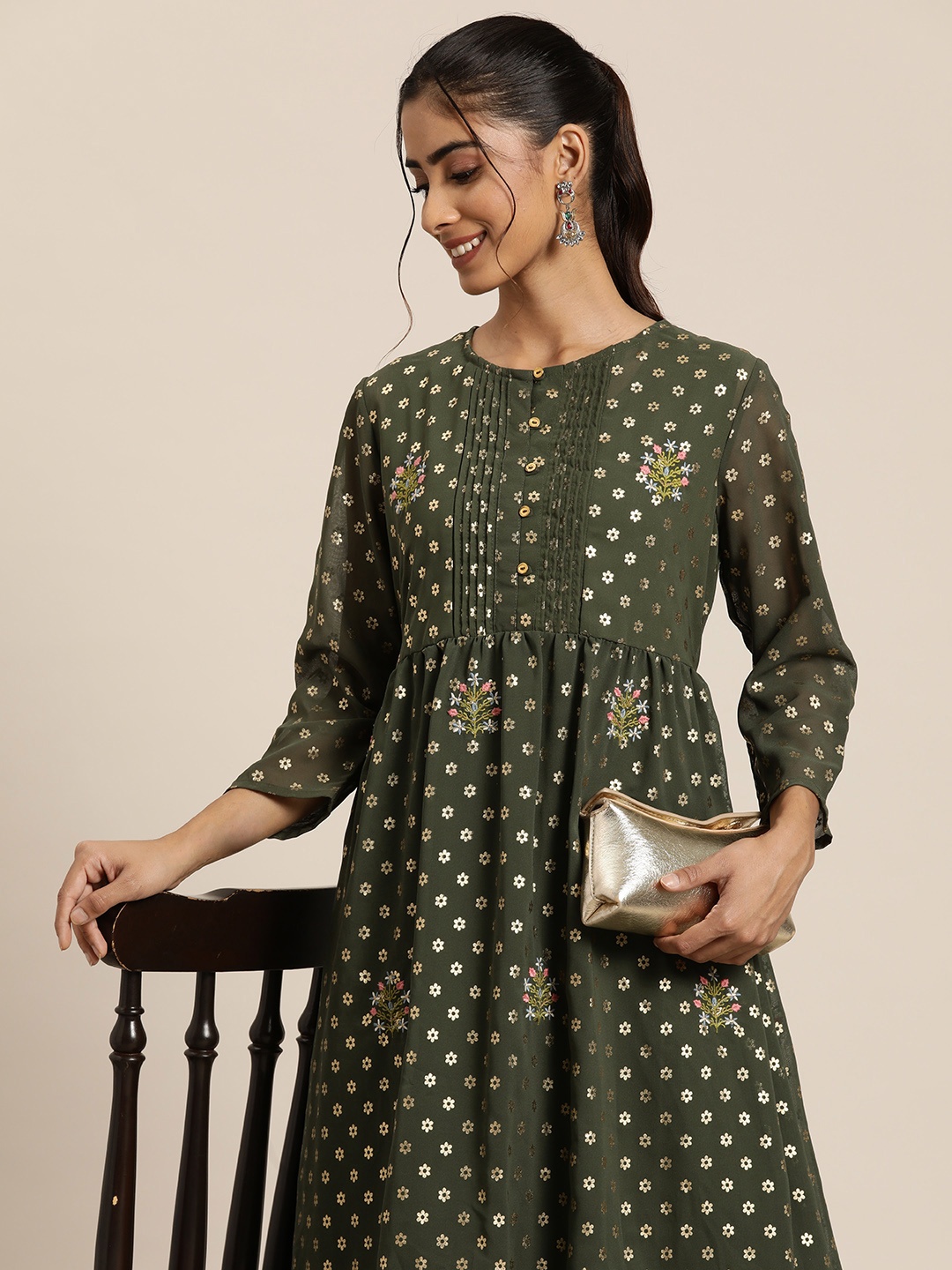 

HERE&NOW Floral Print A-Line Midi Dress with Inner, Olive