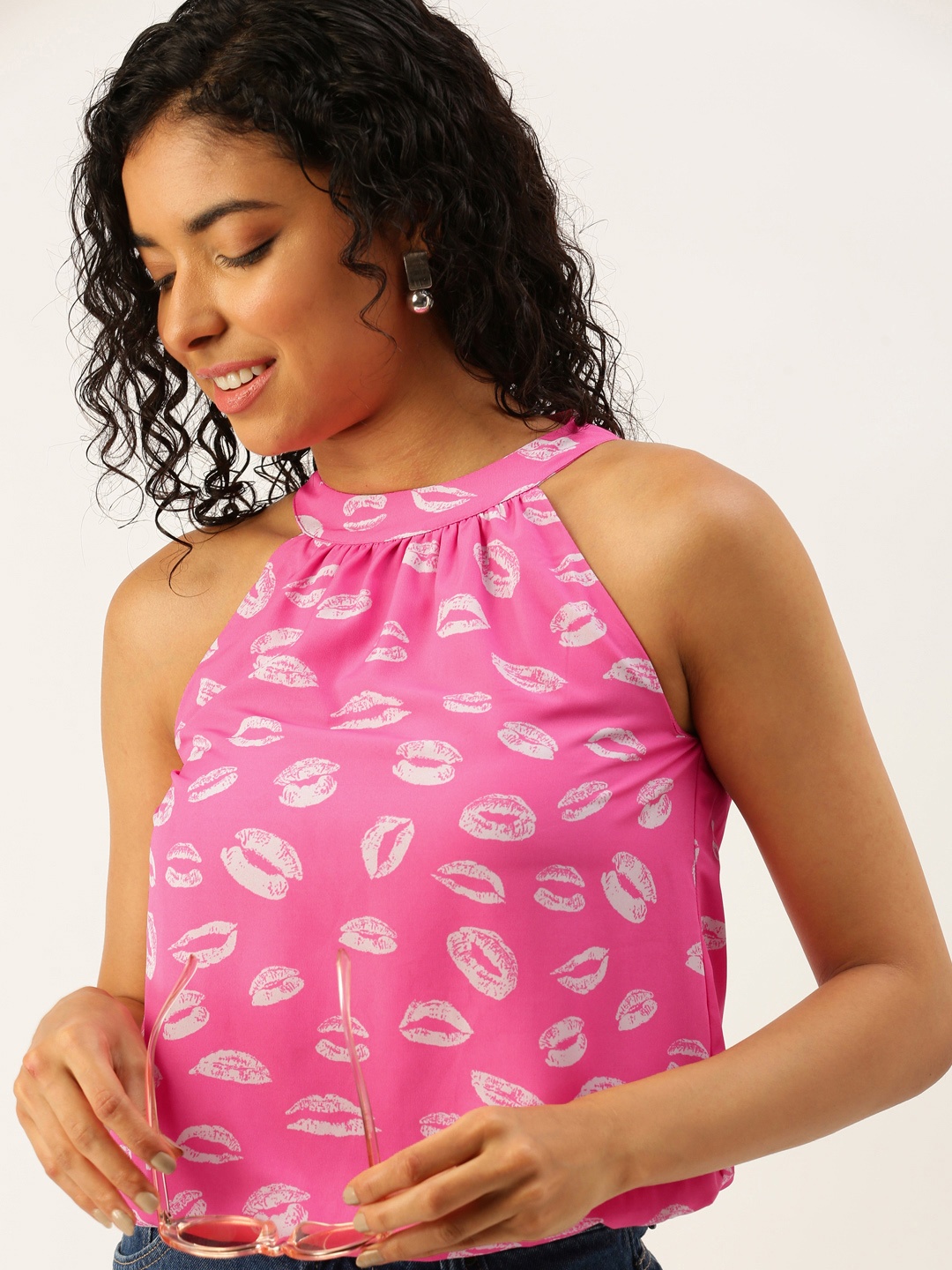 

FOREVER 21 Print Halter Neck Crop Top, Pink
