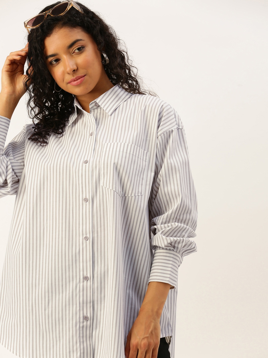 

FOREVER 21 Striped Cotton Shirt Style Longline Top, Taupe