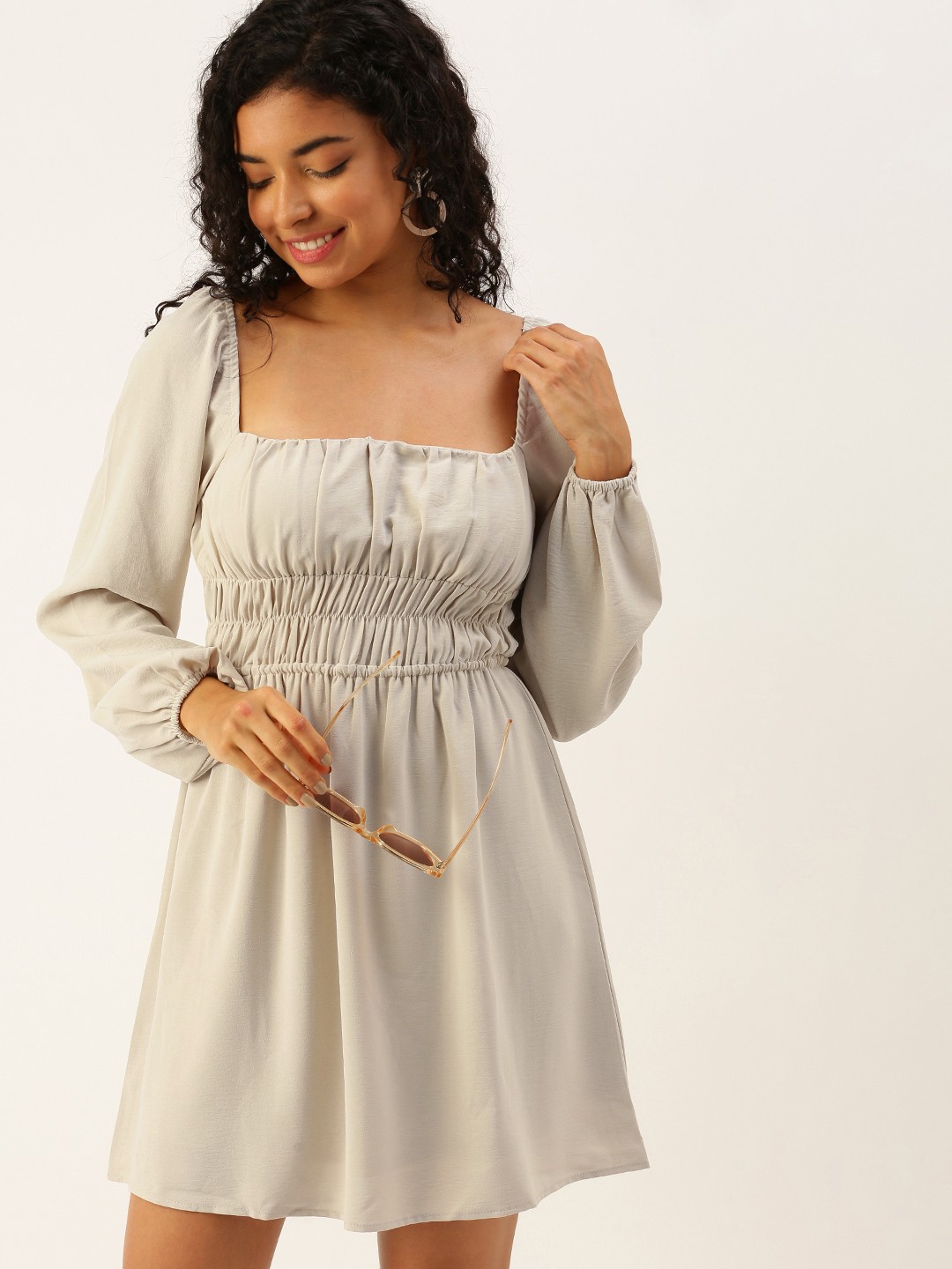 

FOREVER 21 Puff Sleeve Fit & Flare Dress, Beige