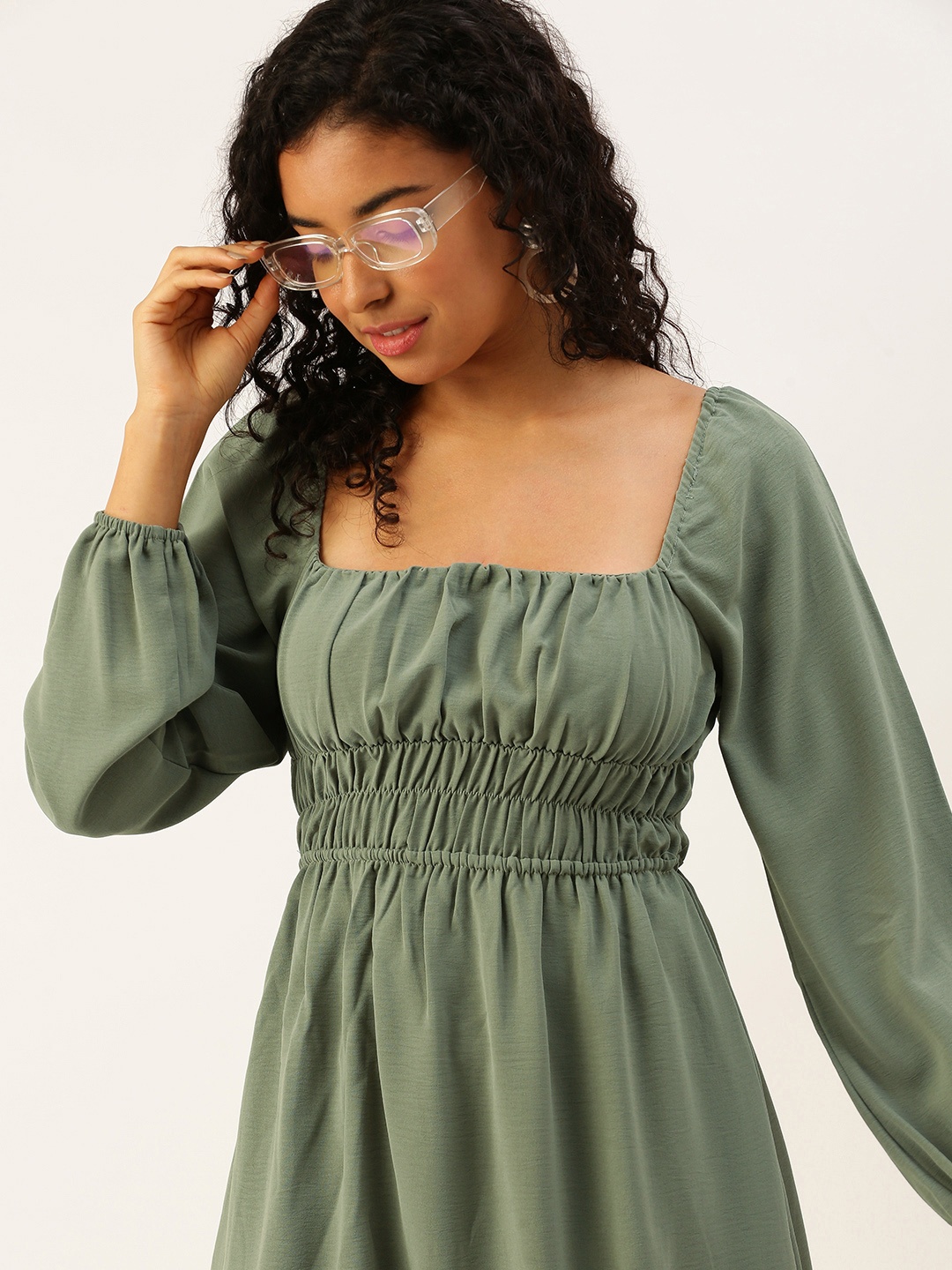 

FOREVER 21 Puff Sleeve Fit & Flare Dress, Green