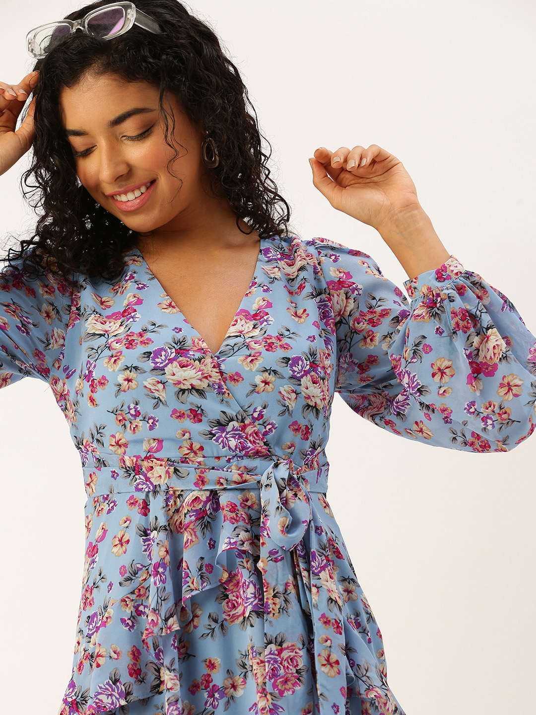 

FOREVER 21 Floral Print Puff Sleeves Ruffled Wrap Mini Dress, Blue