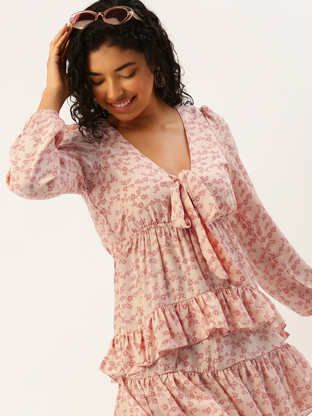 

FOREVER 21 Floral Print Ruffled Puff Sleeves A-Line Mini Dress with Tie-Up Detail, Pink