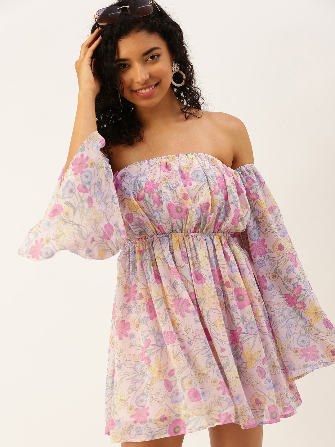 

FOREVER 21 Floral Print Flared Sleeve Fit & Flare Dress, Peach