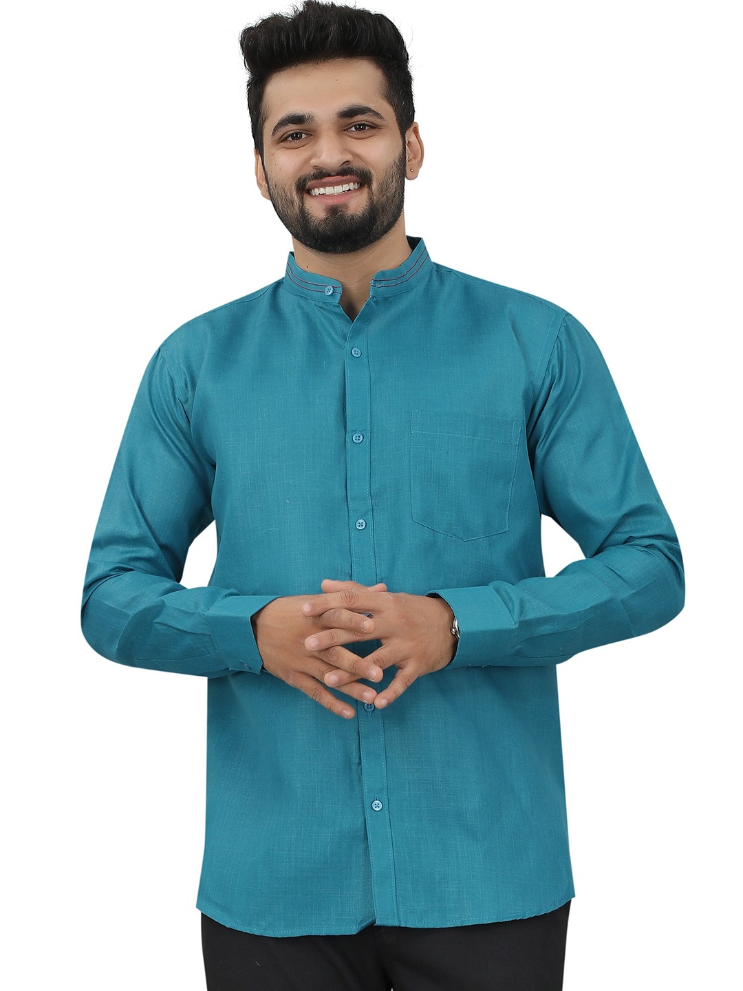 

N N ENTERPRISE India Slim Manderian Collar Casual Shirt, Turquoise blue