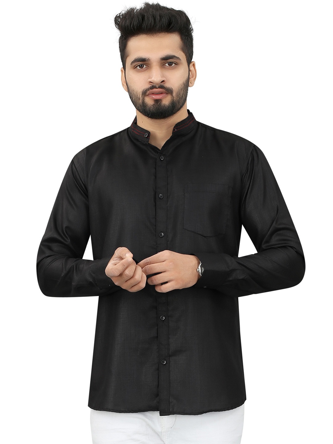 

N N ENTERPRISE India Slim Mandarin Collar Casual Shirt, Black