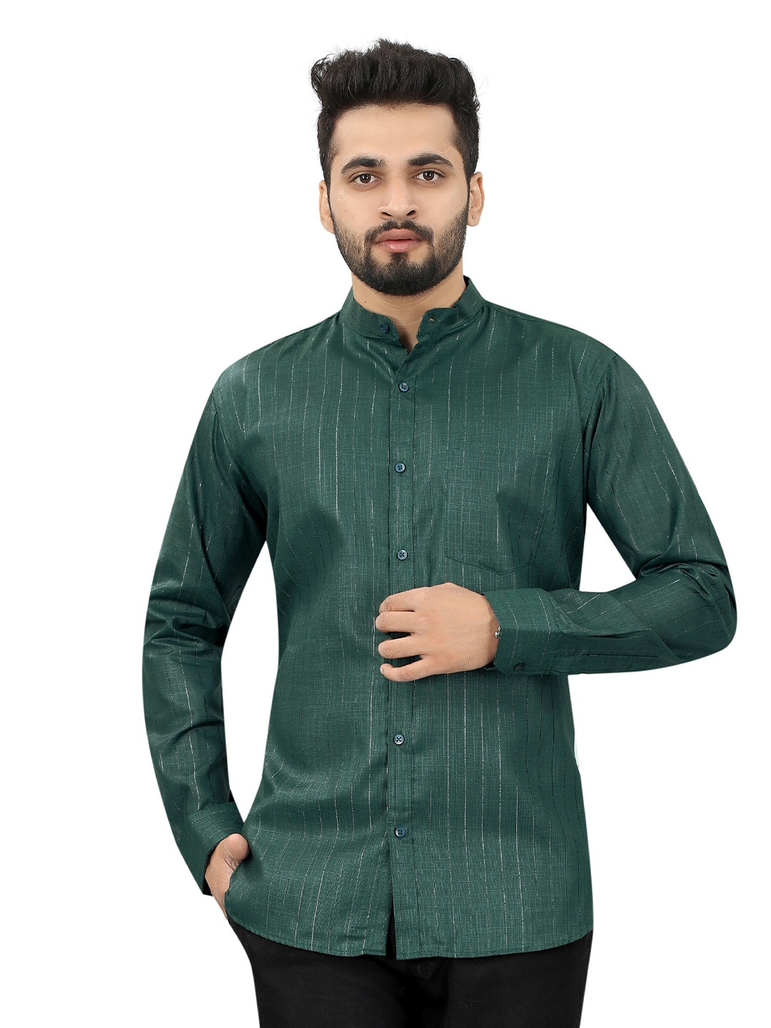 

N N ENTERPRISE India Slim Mandarin Collar Casual Shirt, Green