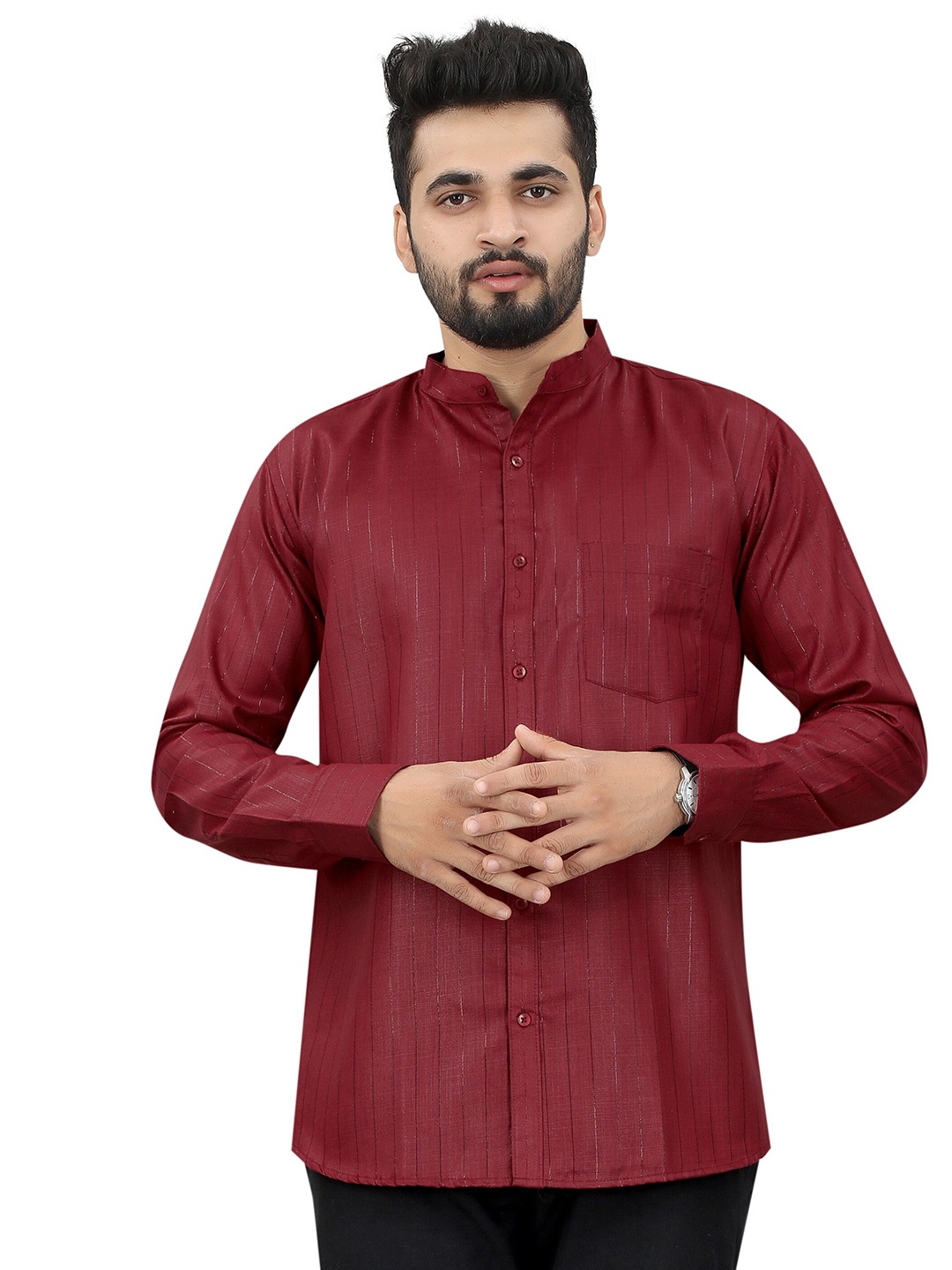 

N N ENTERPRISE India Slim Mandarin Collar Casual Shirt, Maroon