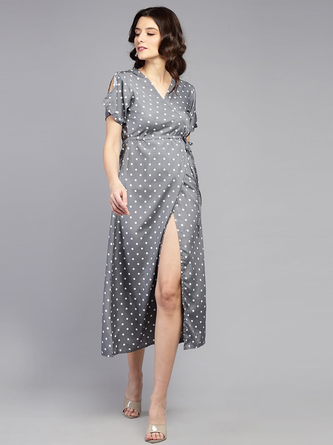 

BAESD Polka Dot Printed Tie-ups Detail Wrap Midi Dress, Grey