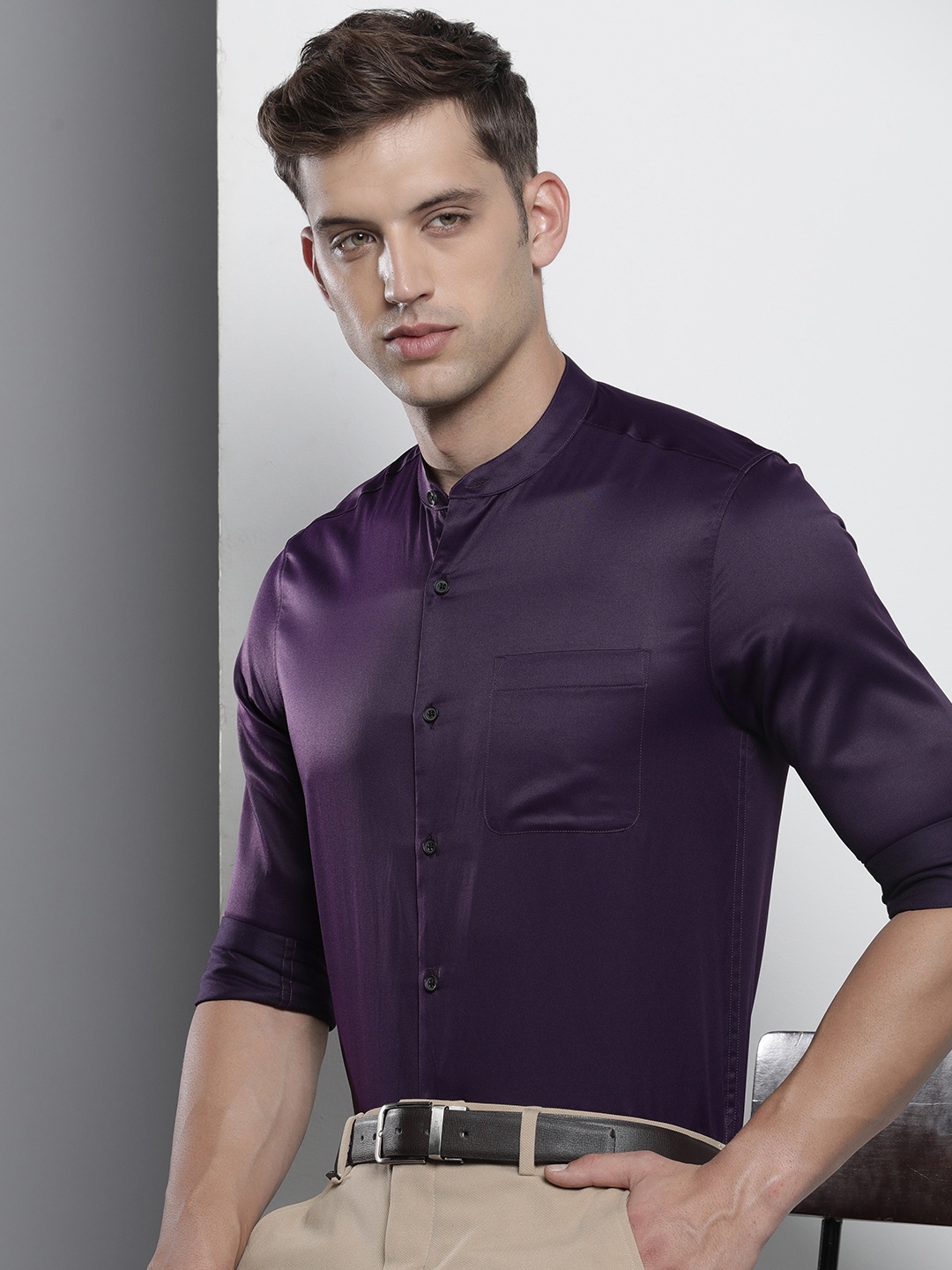 

The Indian Garage Co. X Luxe Men Slim Fit Mandarin Collar Formal Shirt, Purple