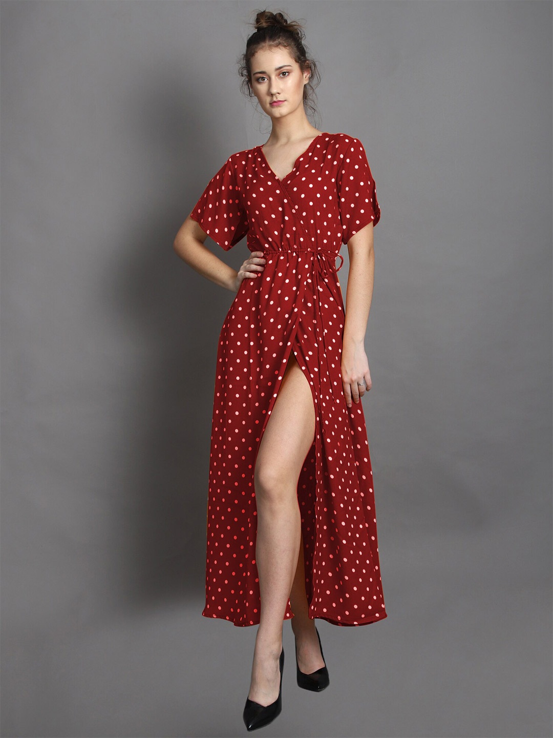 

BAESD Polka Dots Printed Slit Sleeves Tie Up Wrap Dress, Maroon