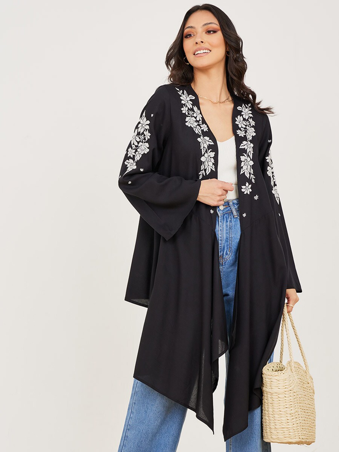 

Styli Floral Embroidered Detail Asymmetric Open Front Shrug, Black
