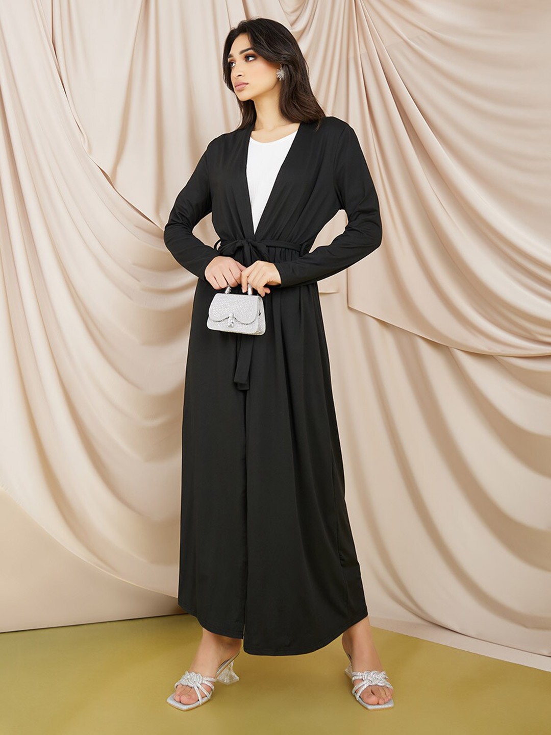 

Styli Regular Fit Belted Maxi Shrug, Black