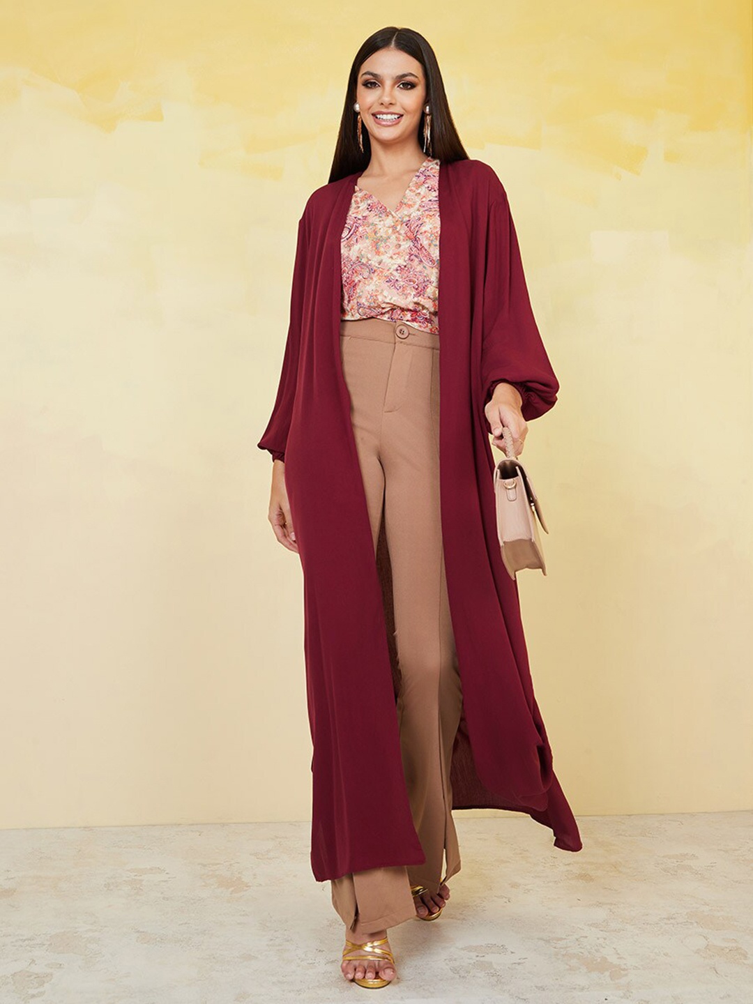 

Styli Longline Puff Sleeves Open Front Shrug With Side Slit, Burgundy