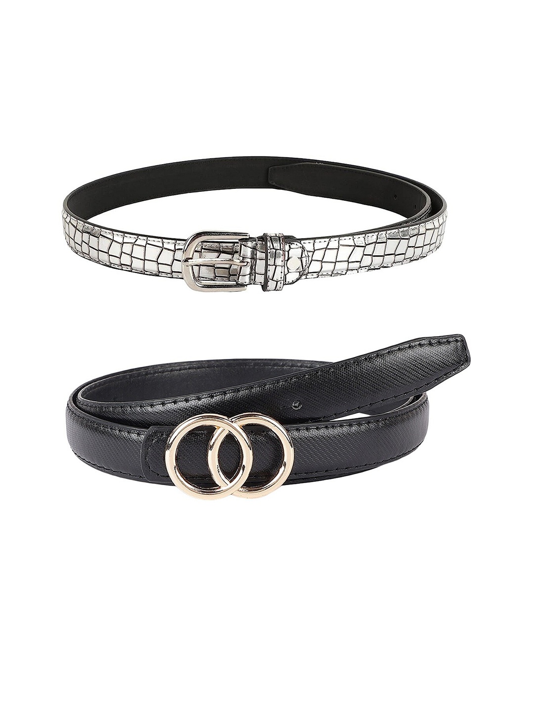 

ZEVORA Women Set of 2 Textured Leather Belt, Silver