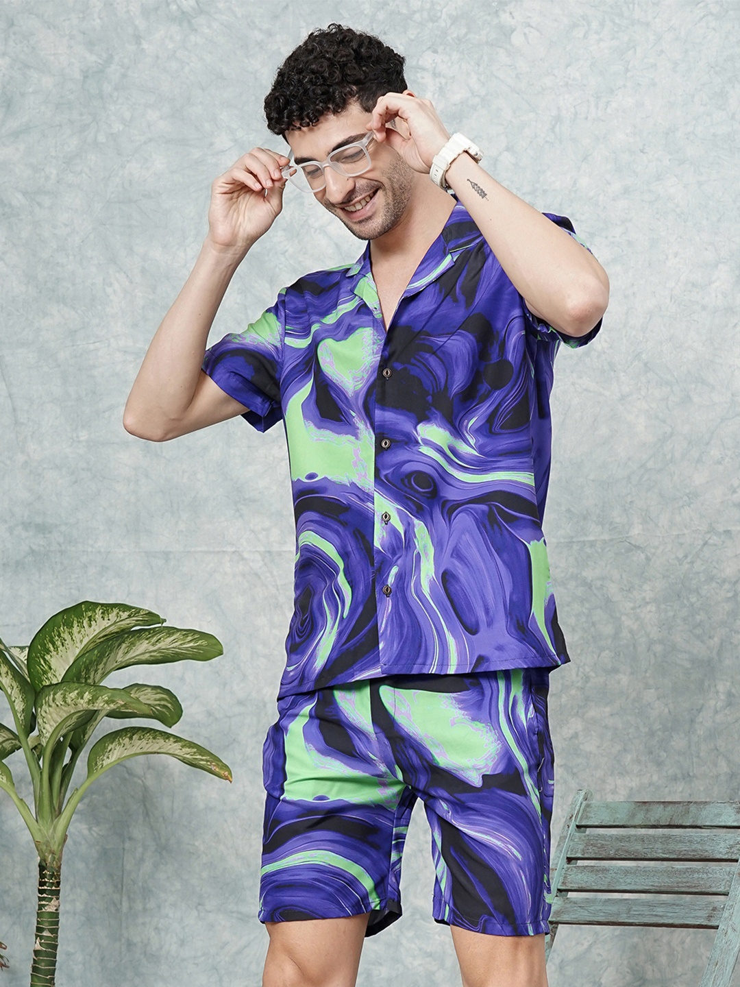

The Indian Garage Co Men Tropical Printed Short with Shirt, Purple