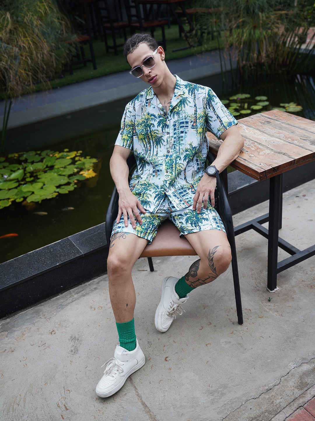 

The Indian Garage Co Men Tropical Printed Short with Shirt, Turquoise blue