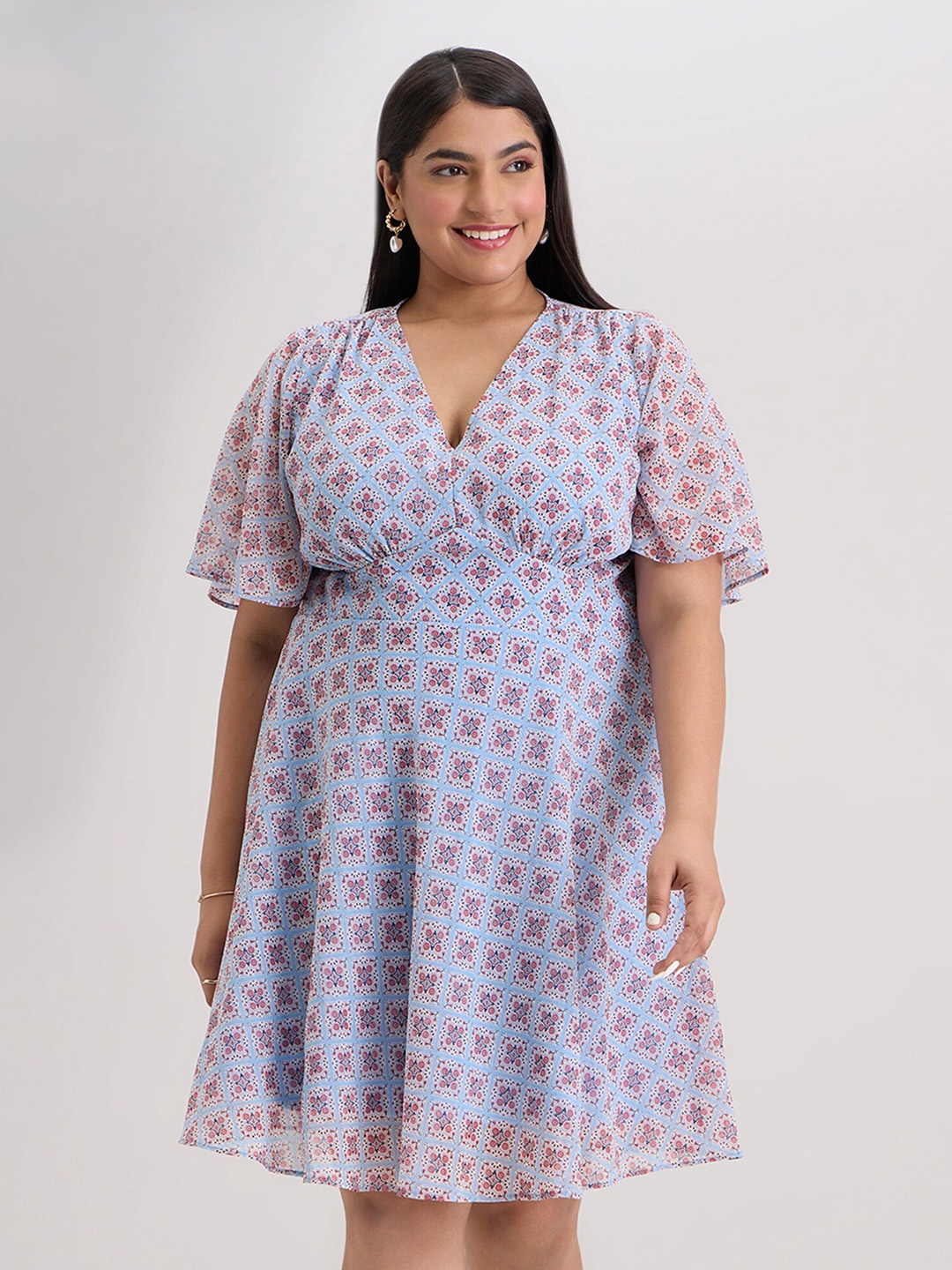 

20Dresses Plus Size Blue Geometric Printed Flared Sleeve Empire Dress