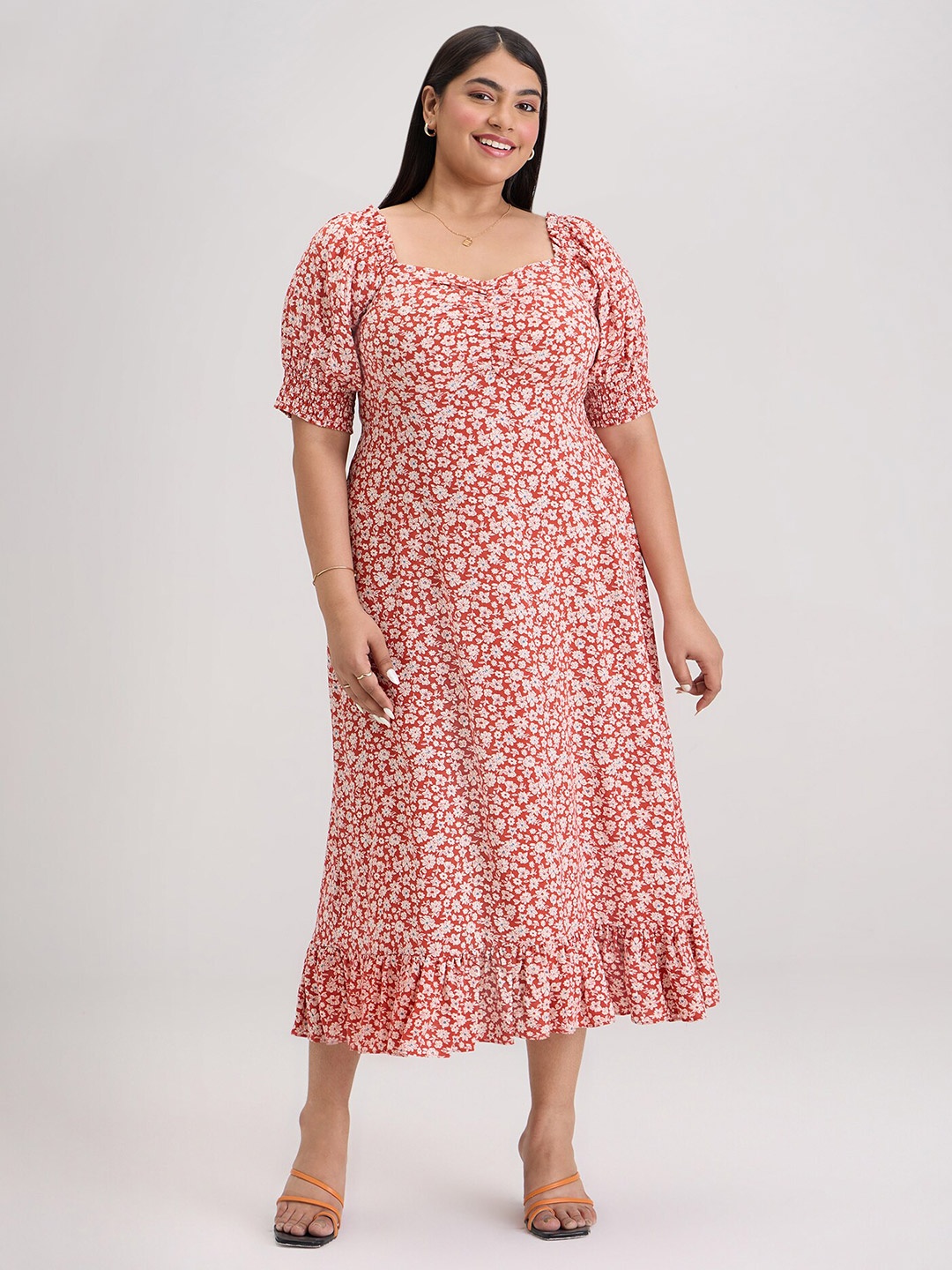 

20Dresses Plus Size Orange Floral Printed Sweetheart Neck Smocked A-line Midi Dress