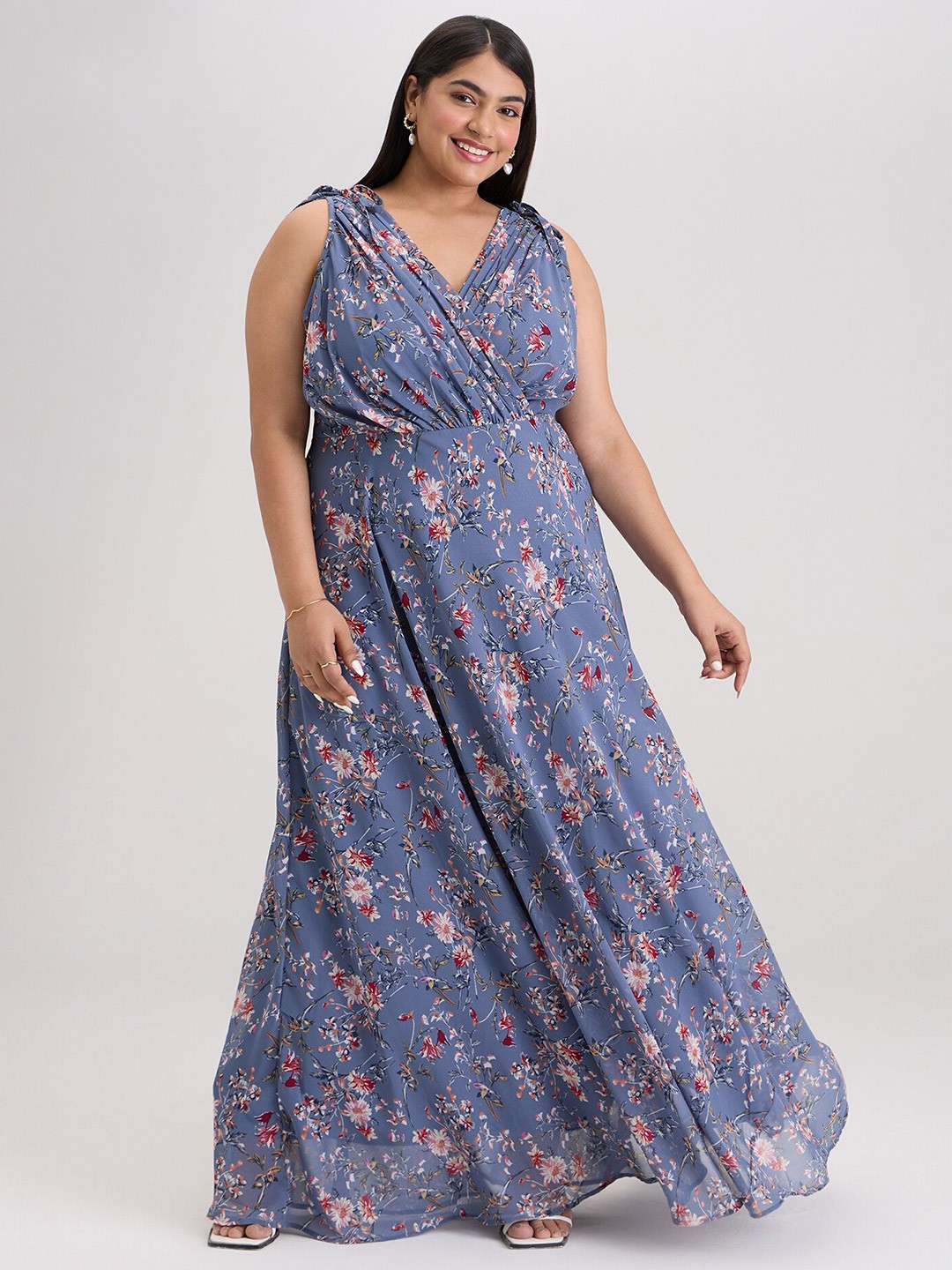 20Dresses Plus Size Grey Floral Printed V-Neck Fit & Flare Maxi Dress