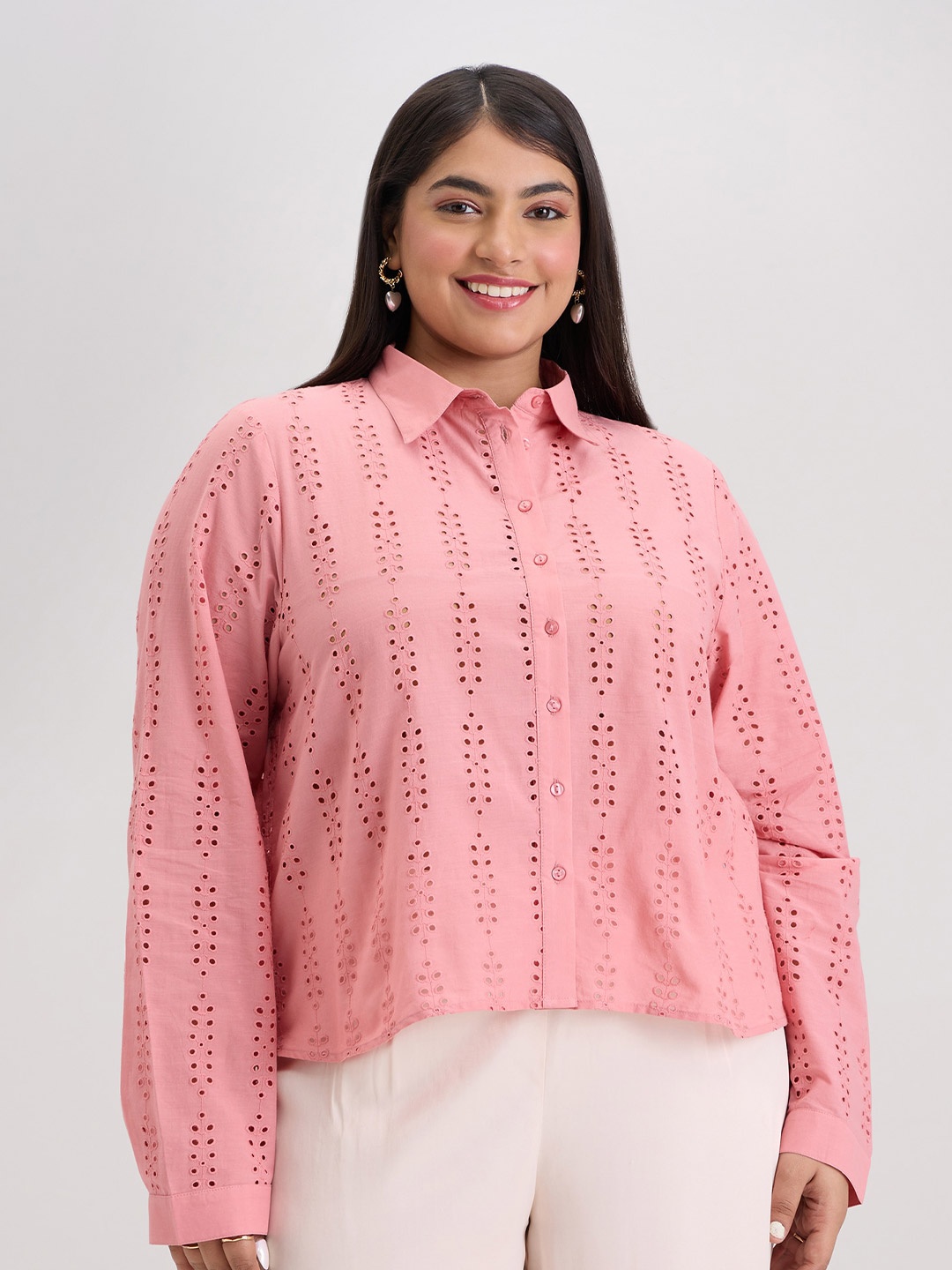 

20Dresses Plus Size Self Design Opaque Schiffli Pure Cotton Casual Shirt, Pink