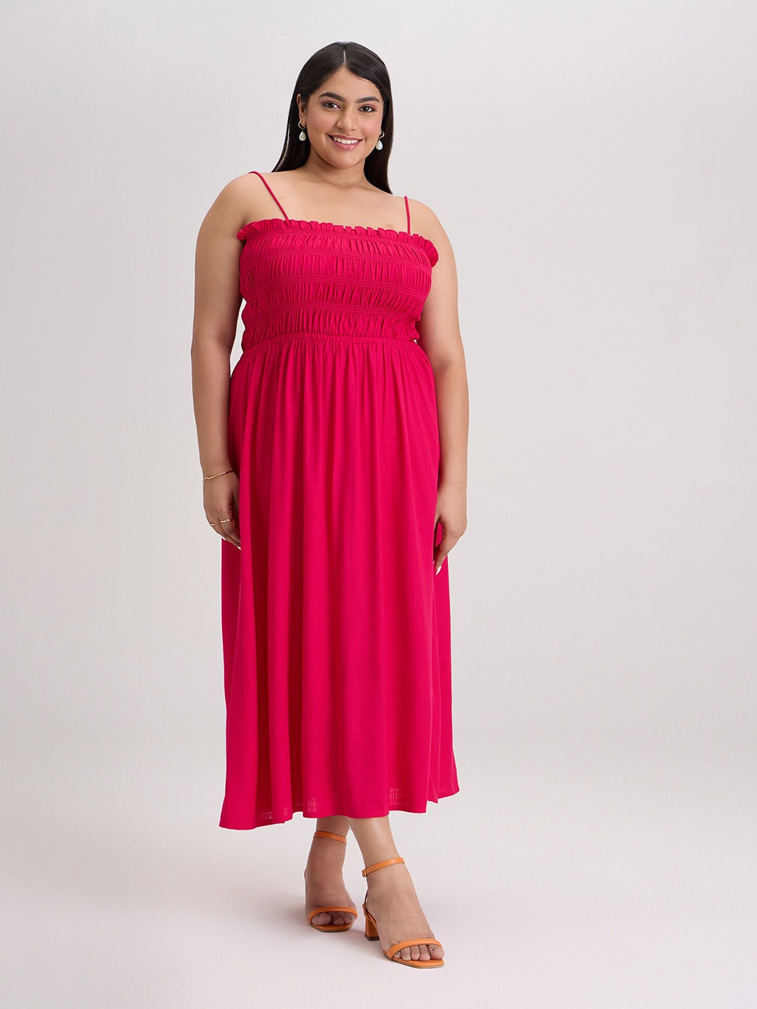 

20Dresses Plus Size Pink Shoulder Straps Smocked Fit & Flare Midi Dress