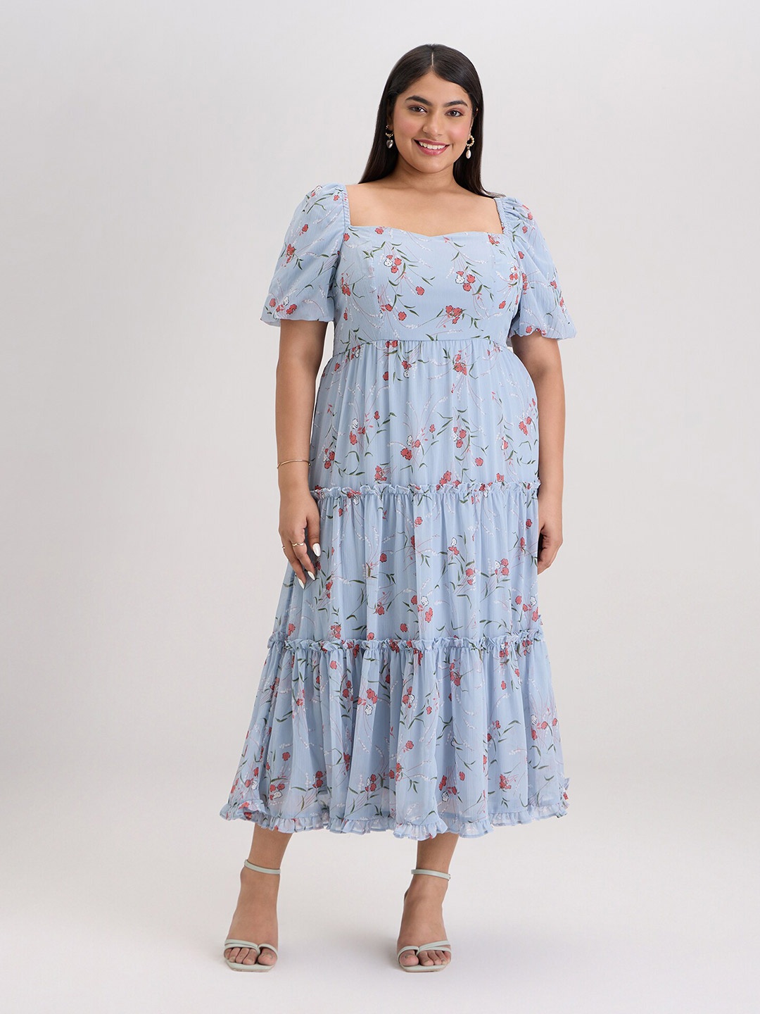 

20Dresses Plus Size Blue Floral Printed Sweetheart Neck Tiered Fit & Flare Midi Dress