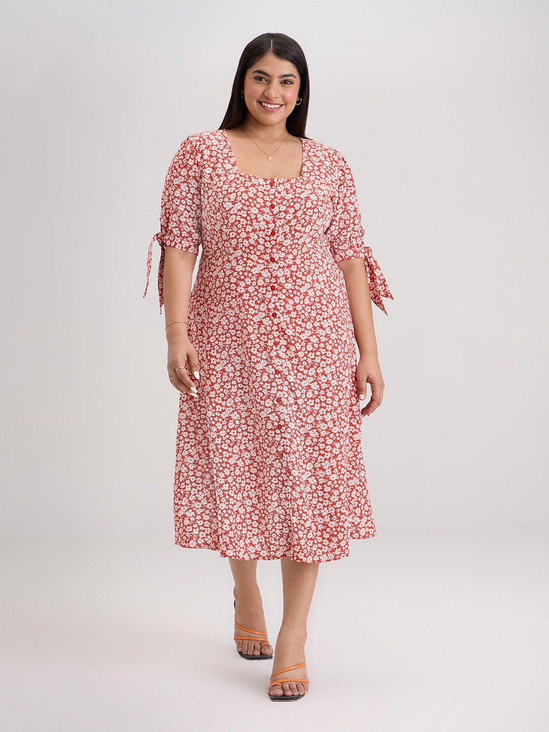 

20Dresses Plus Size Orange Floral Printed Square Neck A-line Midi Dress