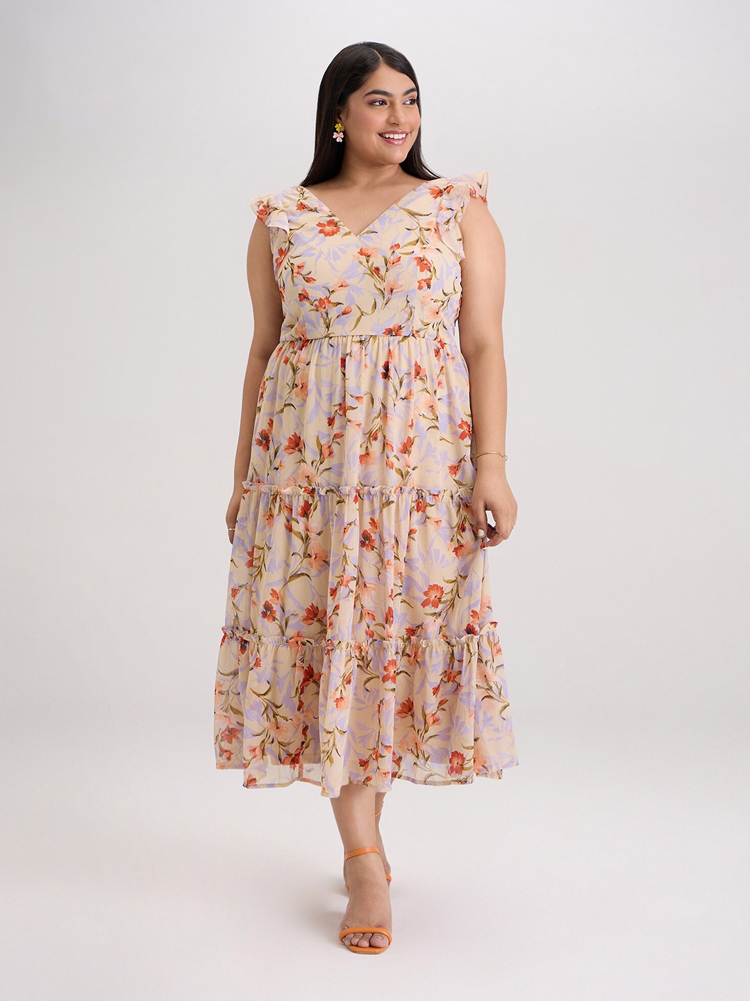 

20Dresses Plus Size Yellow Floral Printed V-Neck Tiered Fit & Flare Midi Dress