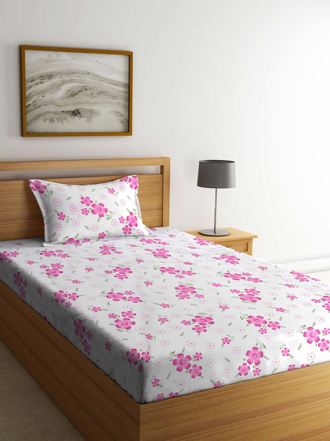 

KLOTTHE White & Pink Floral Printed 300 TC Single Bedsheet & 1 Pillow Cover