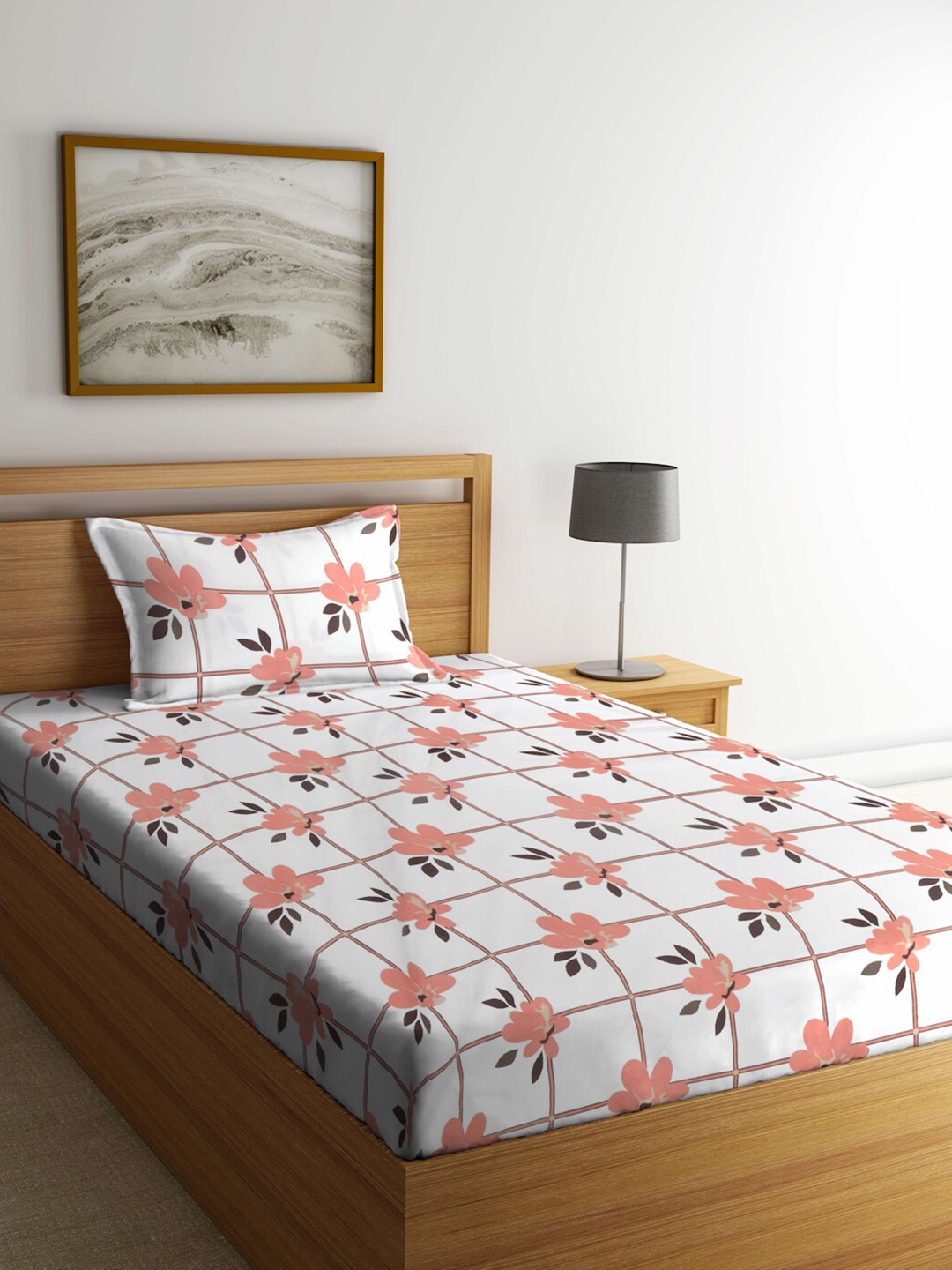 

KLOTTHE Book Fold White & Peach-Colored Printed 130 TC Single Bedsheet & Pillow Cover