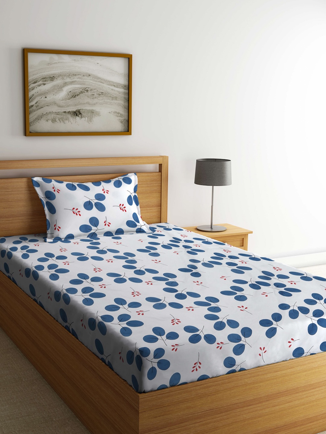 

KLOTTHE White & Blue Floral-Printed 300TC Single Bedsheet With Pillow Cover