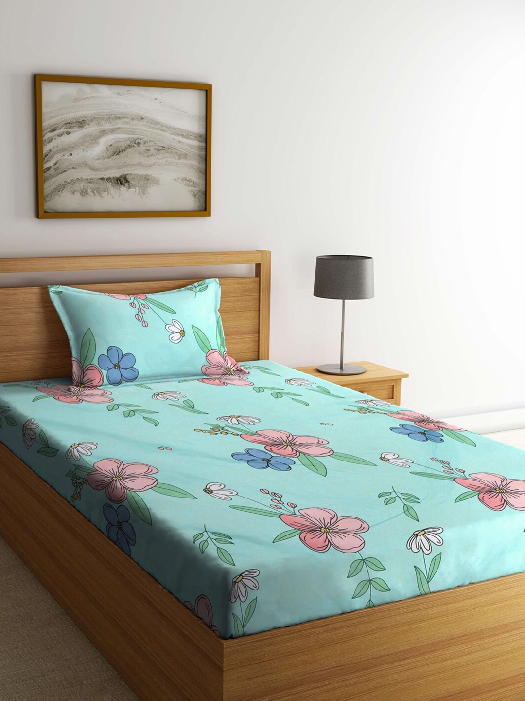 

KLOTTHE Green & Pink Floral-Printed 300TC Single Bedsheet With 1 Pillow Cover