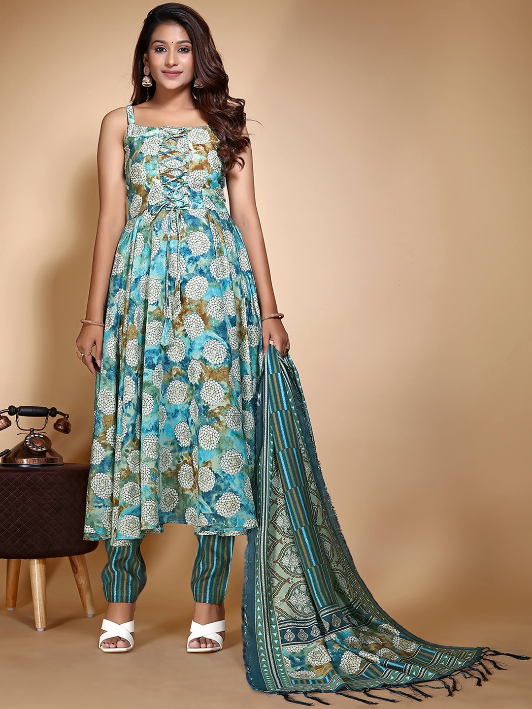 

Vidraa Western Store Floral Printed Chanderi Cotton Anarkali Kurta With Churidar & Dupatta, Blue