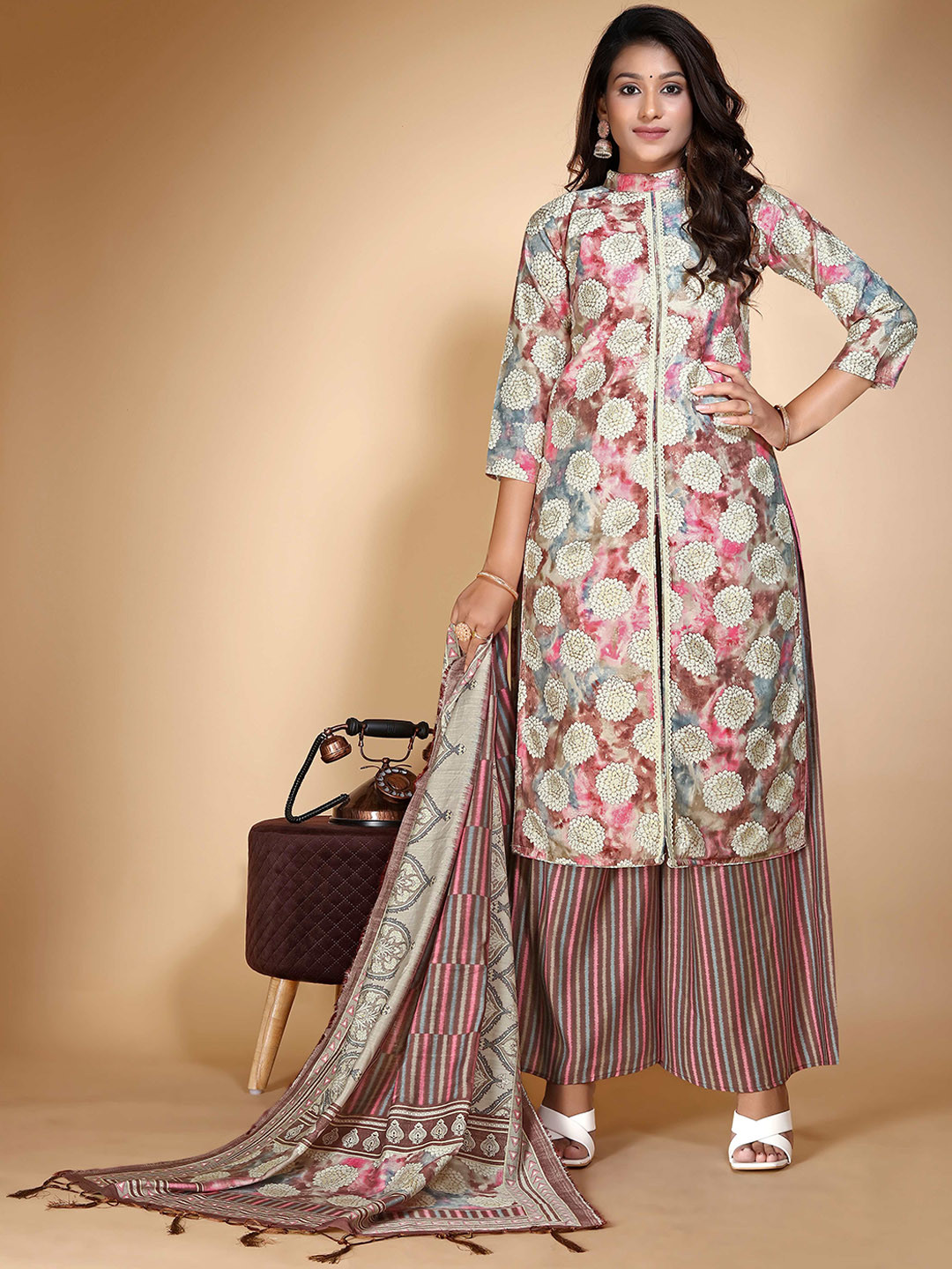 

Vidraa Western Store Floral Printed Chanderi Cotton Kurta With Palazzos & Dupatta, Pink