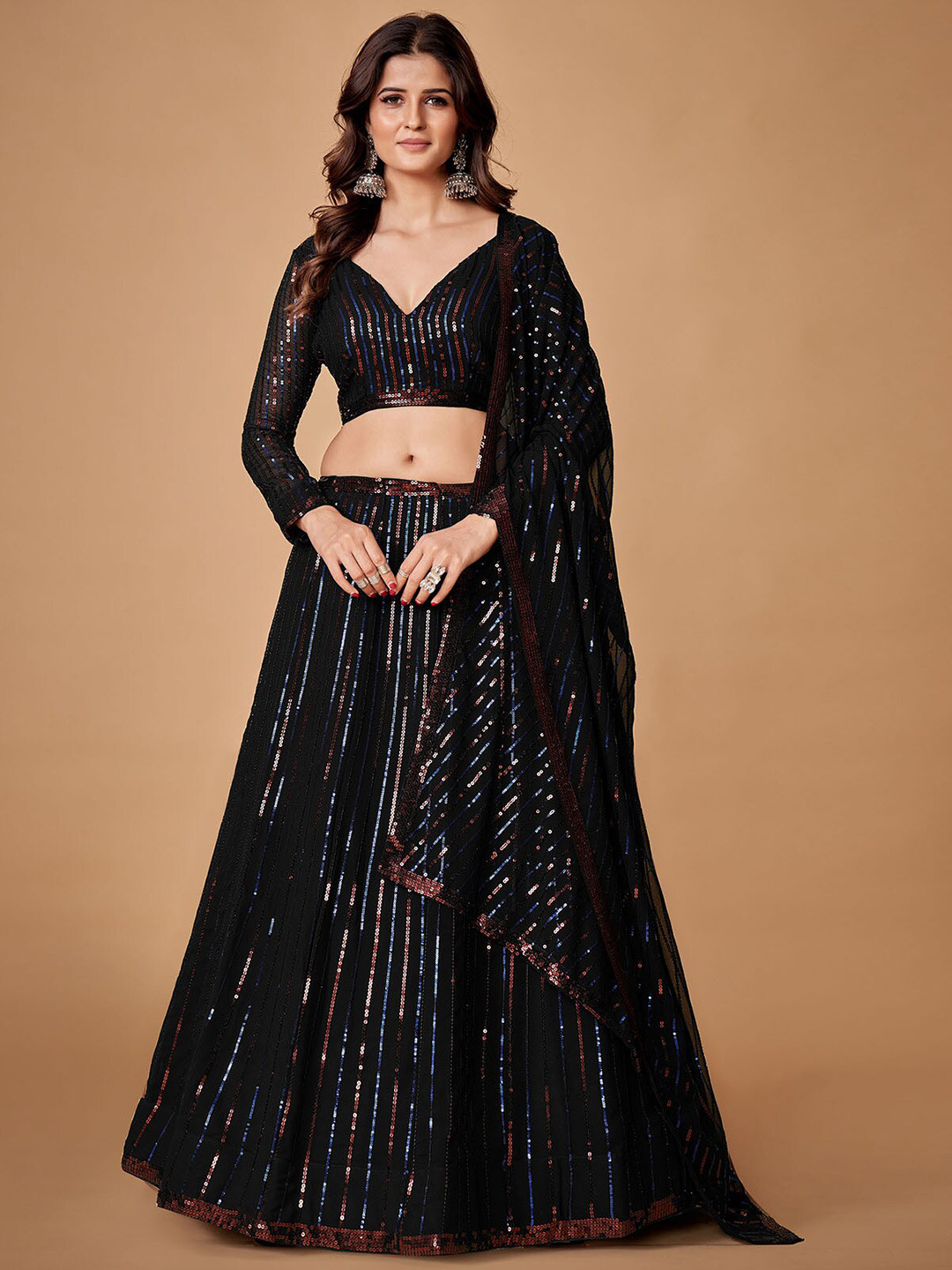 

ODETTE Embellished Sequinned Semi-Stitched Lehenga & Unstitched Blouse With Dupatta, Black