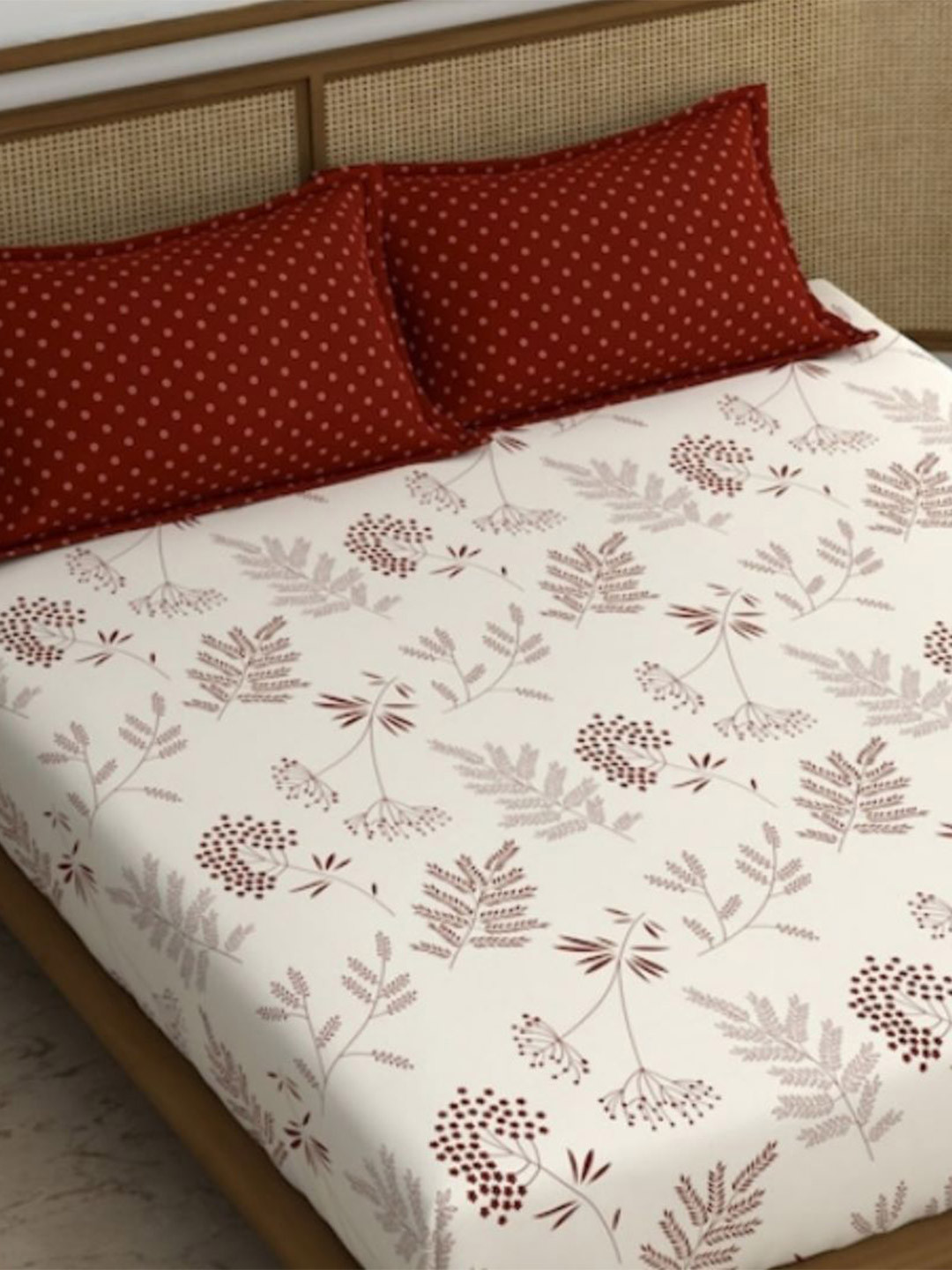 

Bajo's White & Maroon Ethnic Motifs 350 TC Cotton King Bedsheet with 2 Pillow Covers