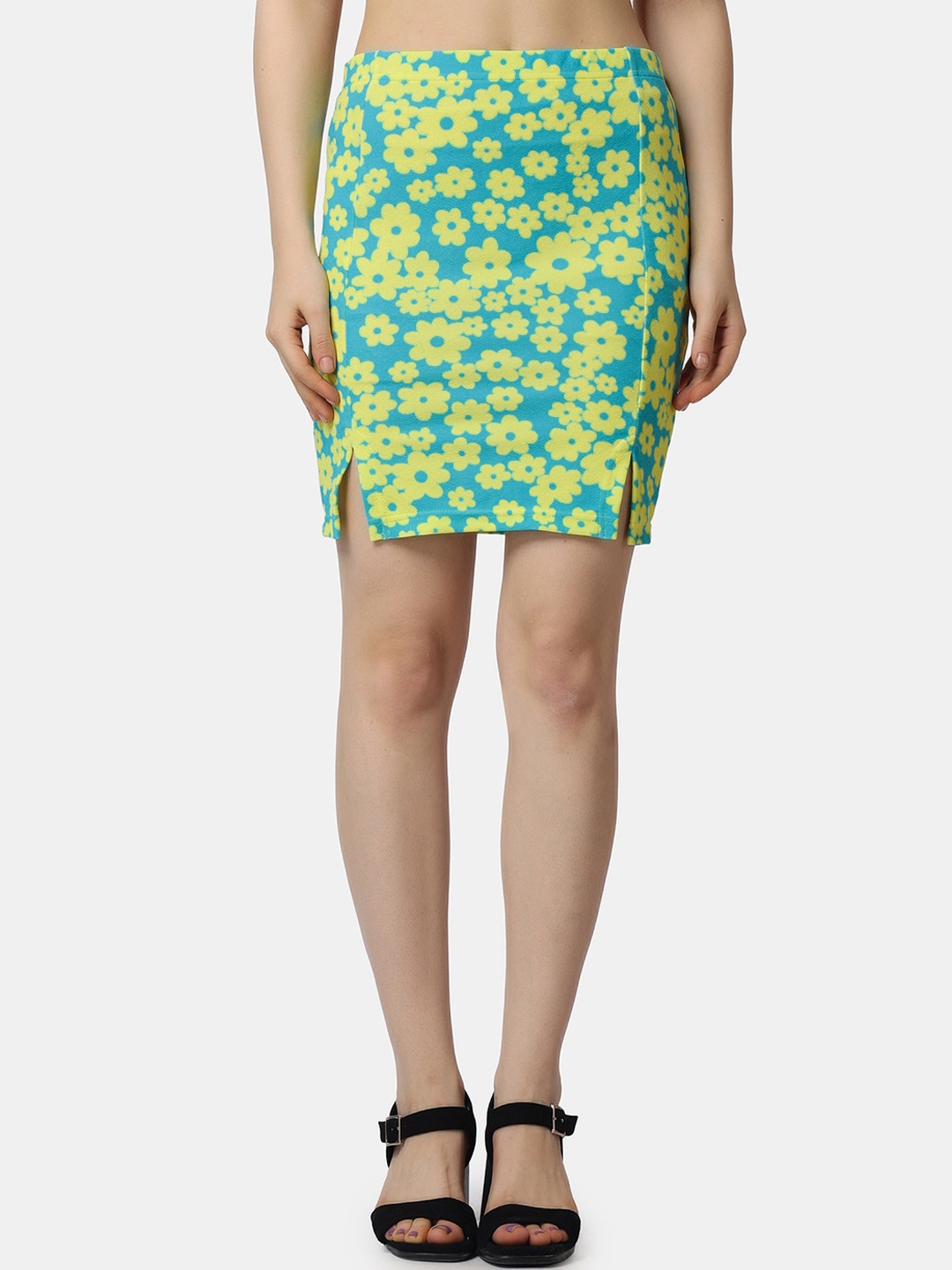 

Popwings Floral Printed Front Slit Above Knee Length Pencil Skirt, Blue